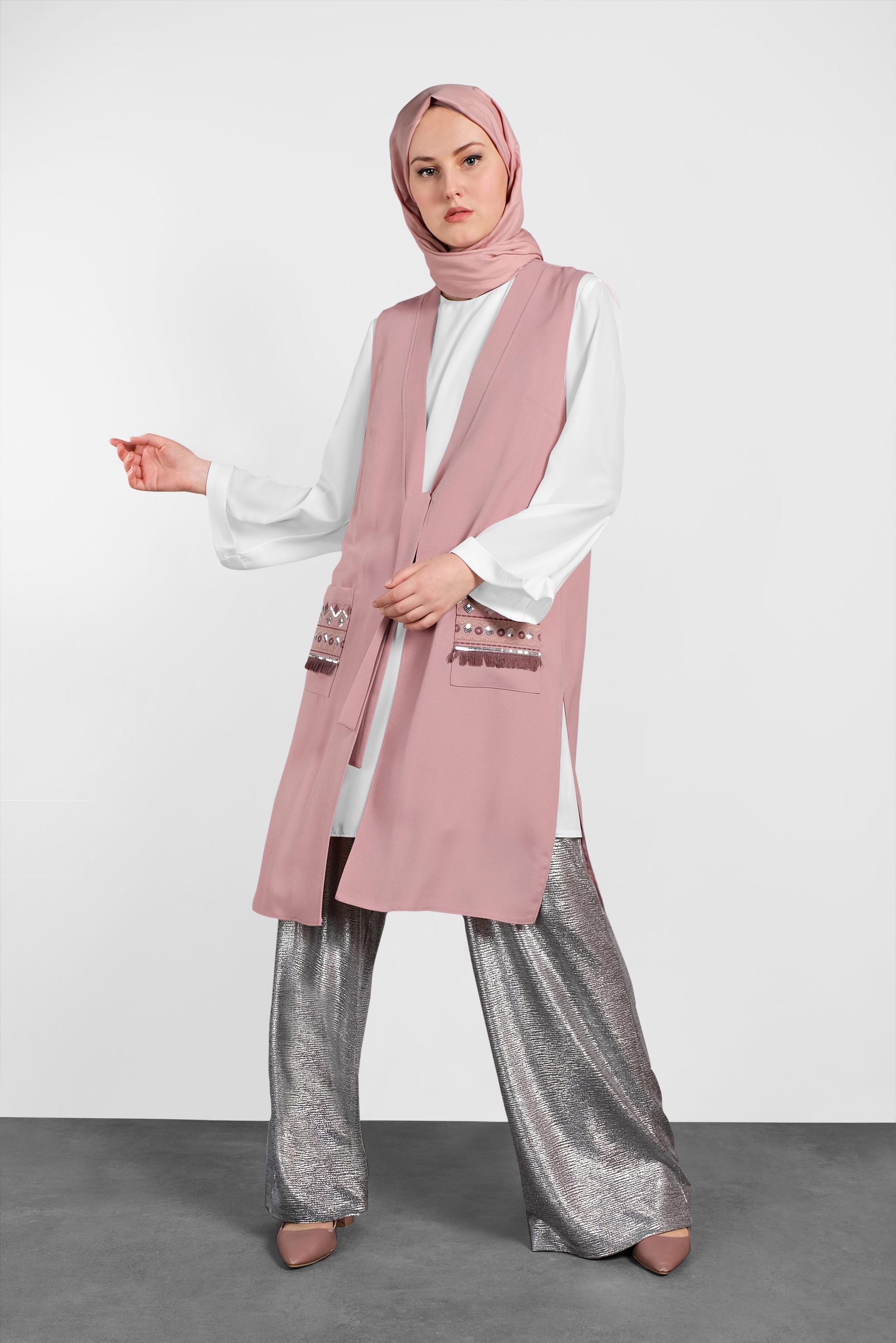 Tesettür giyim PUDRA İŞLEMELİ İKİLİ TUNİK 4437