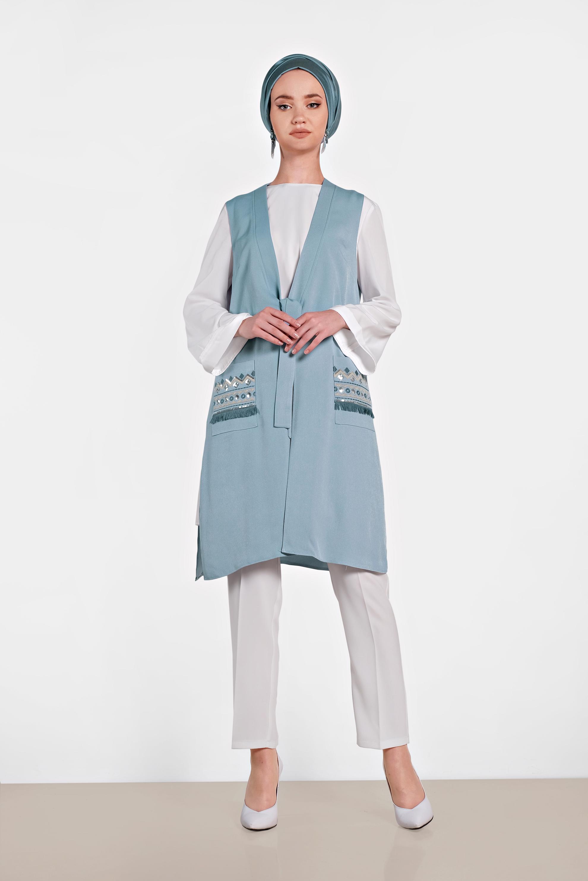 Tesettür giyim MAVİ İŞLEMELİ İKİLİ TUNİK 4437