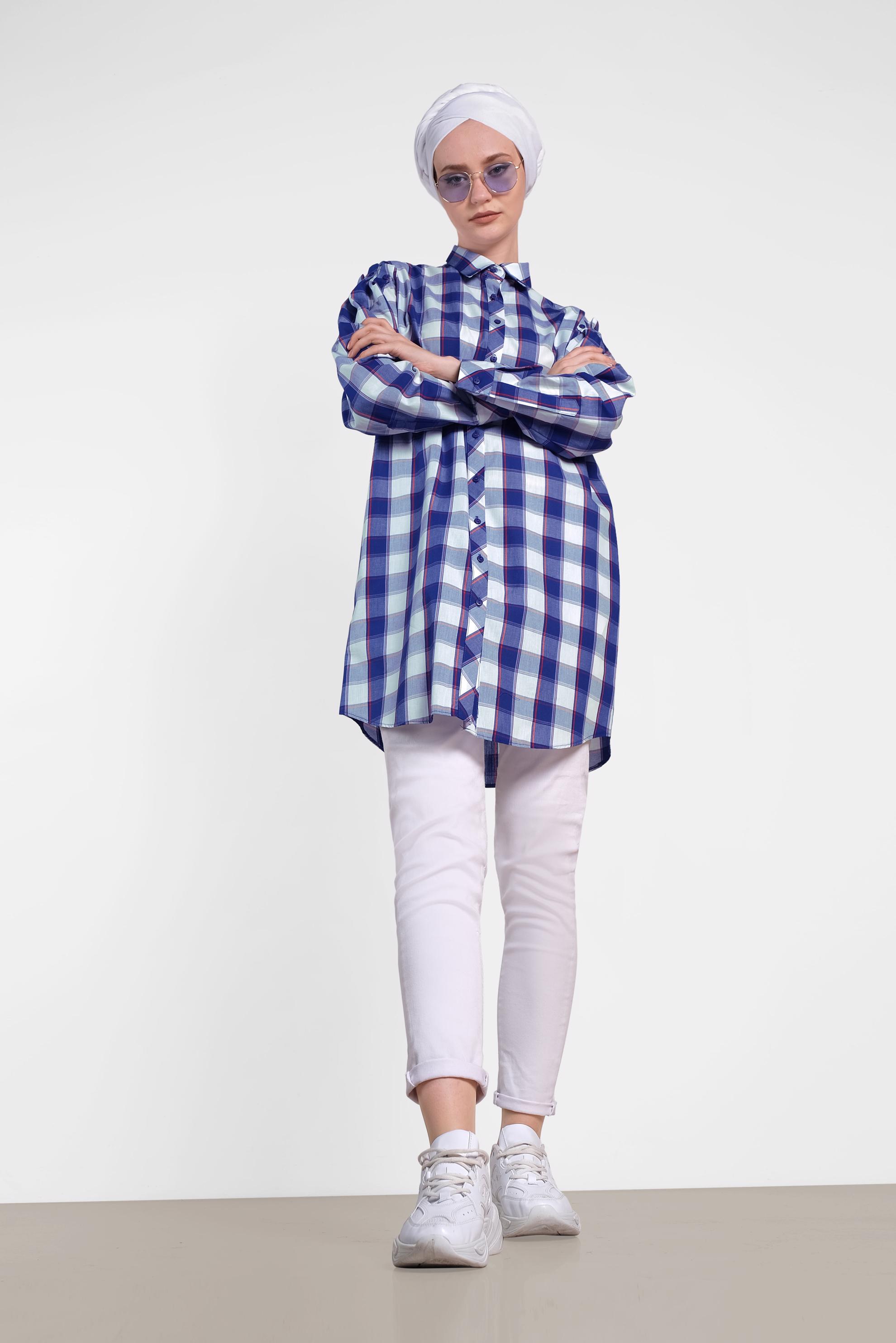 Tesettür giyim LACİVERT EKOSE DESENLİ TUNİK 4441