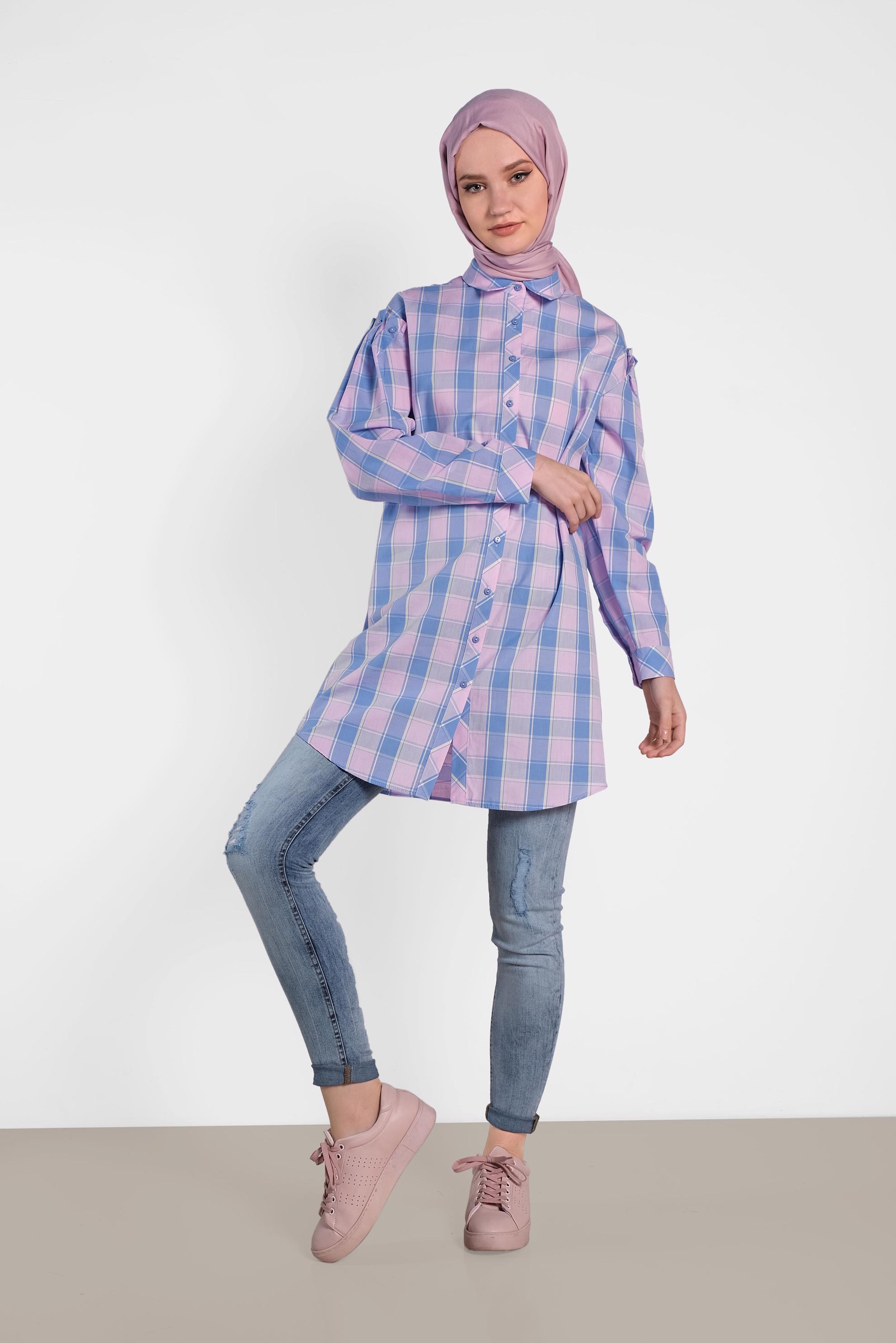 Tesettür giyim PEMBE EKOSE DESENLİ TUNİK 4441