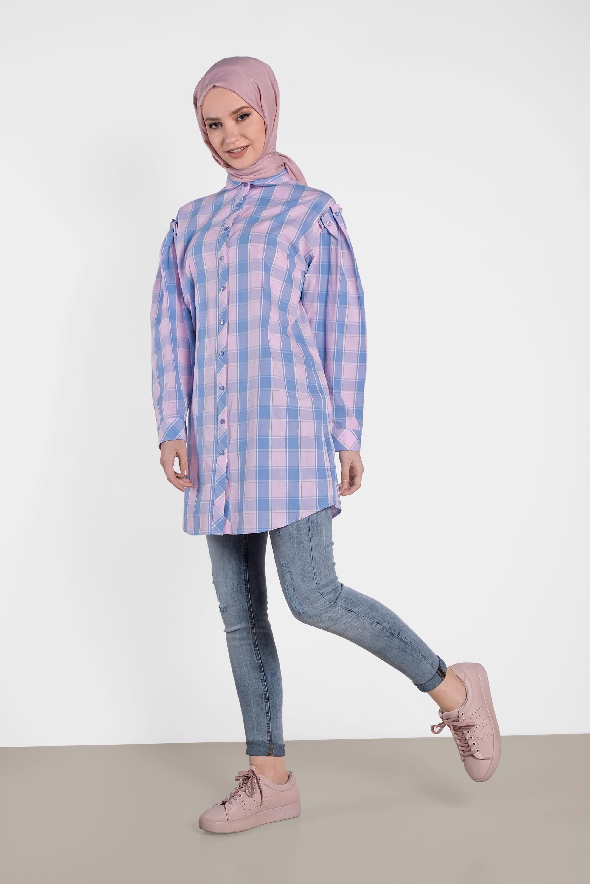 Tesettür giyim PEMBE EKOSE DESENLİ TUNİK 4441