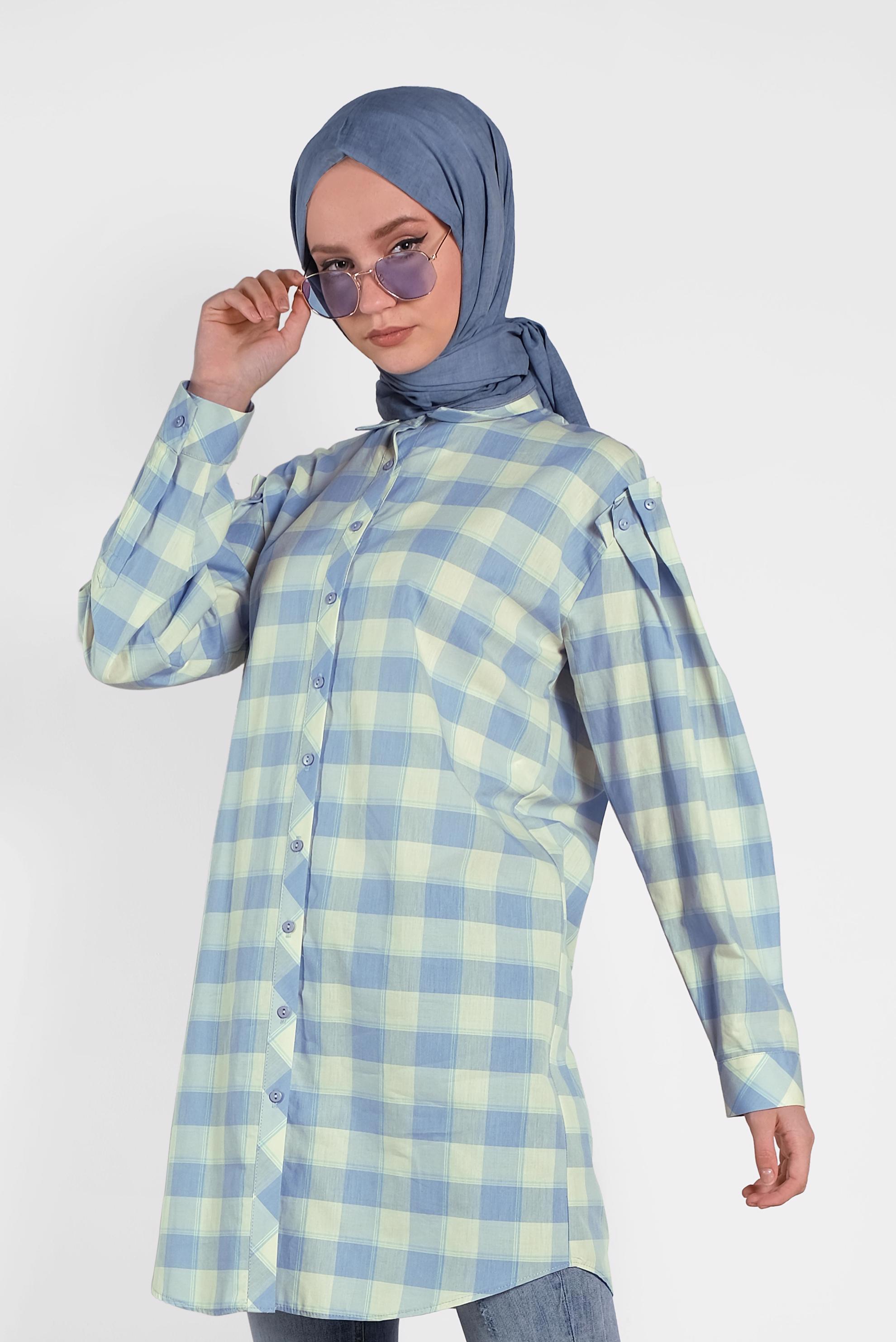 Tesettür giyim MAVİ EKOSE DESENLİ TUNİK 4441