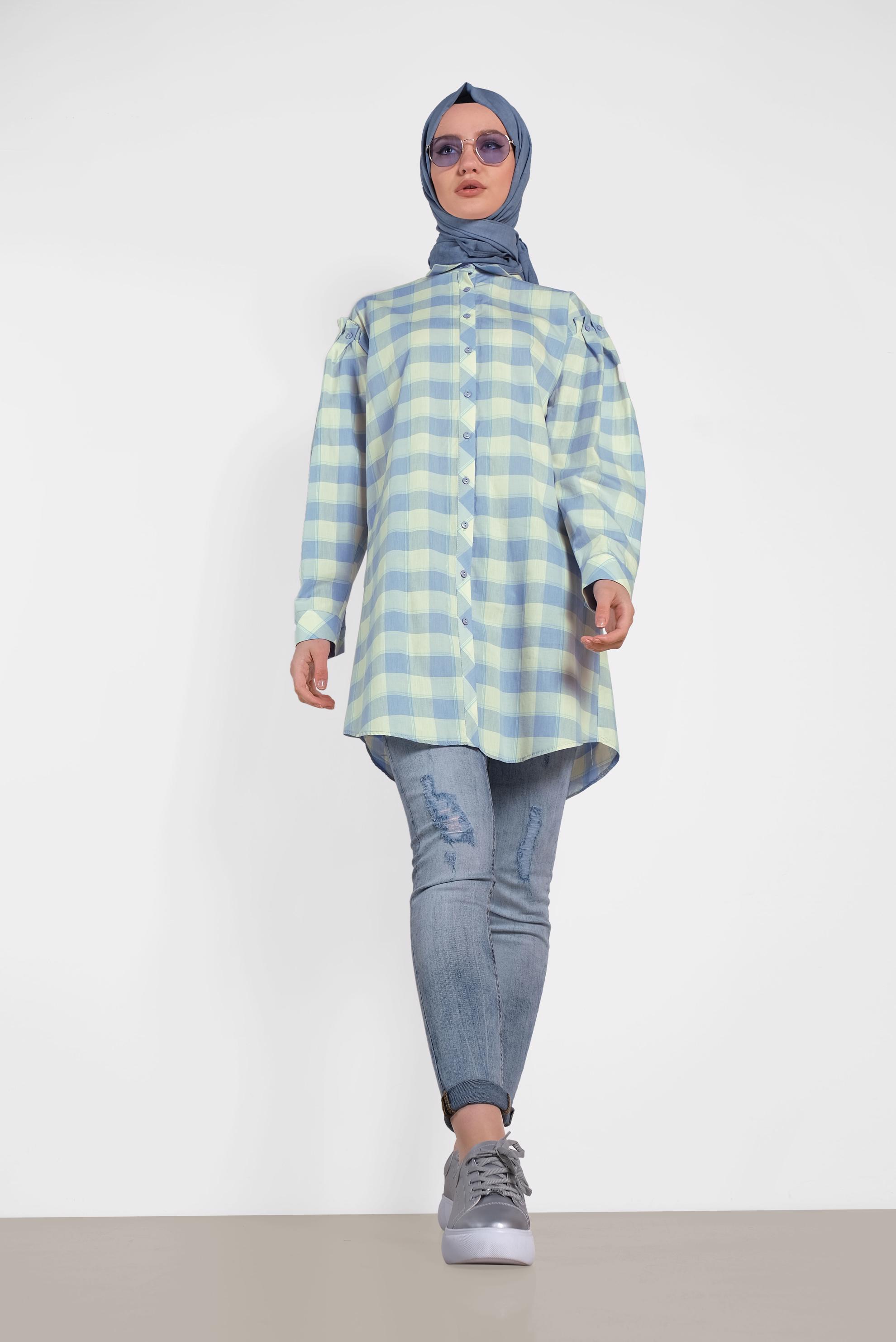 Tesettür giyim MAVİ EKOSE DESENLİ TUNİK 4441