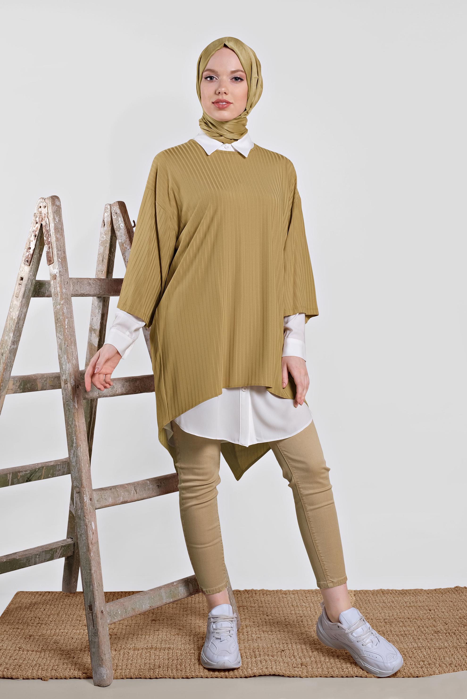 Tesettür giyim SARI ARKASI YIRTMAÇLI İKİLİ TUNİK 4449