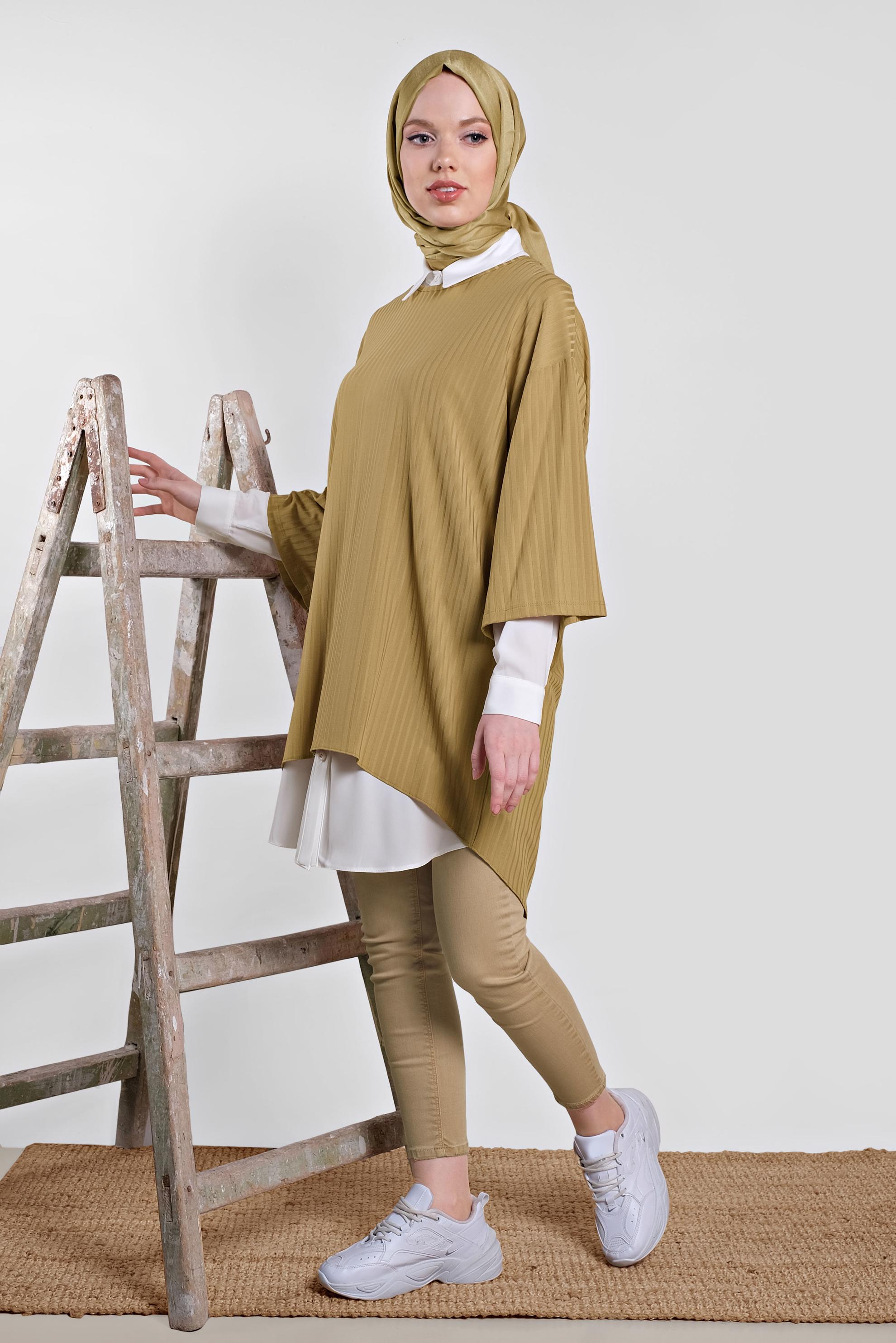 Tesettür giyim SARI ARKASI YIRTMAÇLI İKİLİ TUNİK 4449