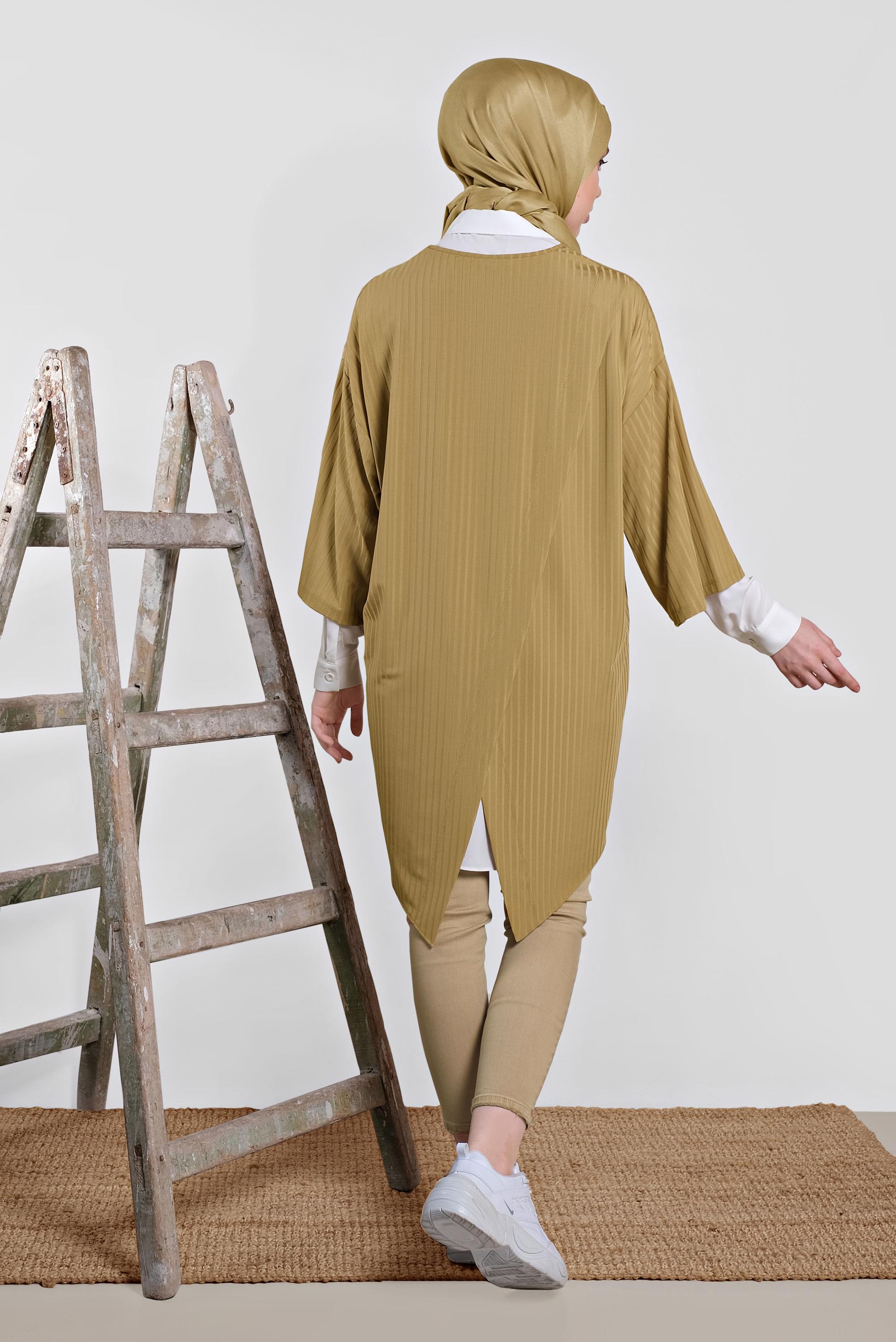 Tesettür giyim SARI ARKASI YIRTMAÇLI İKİLİ TUNİK 4449