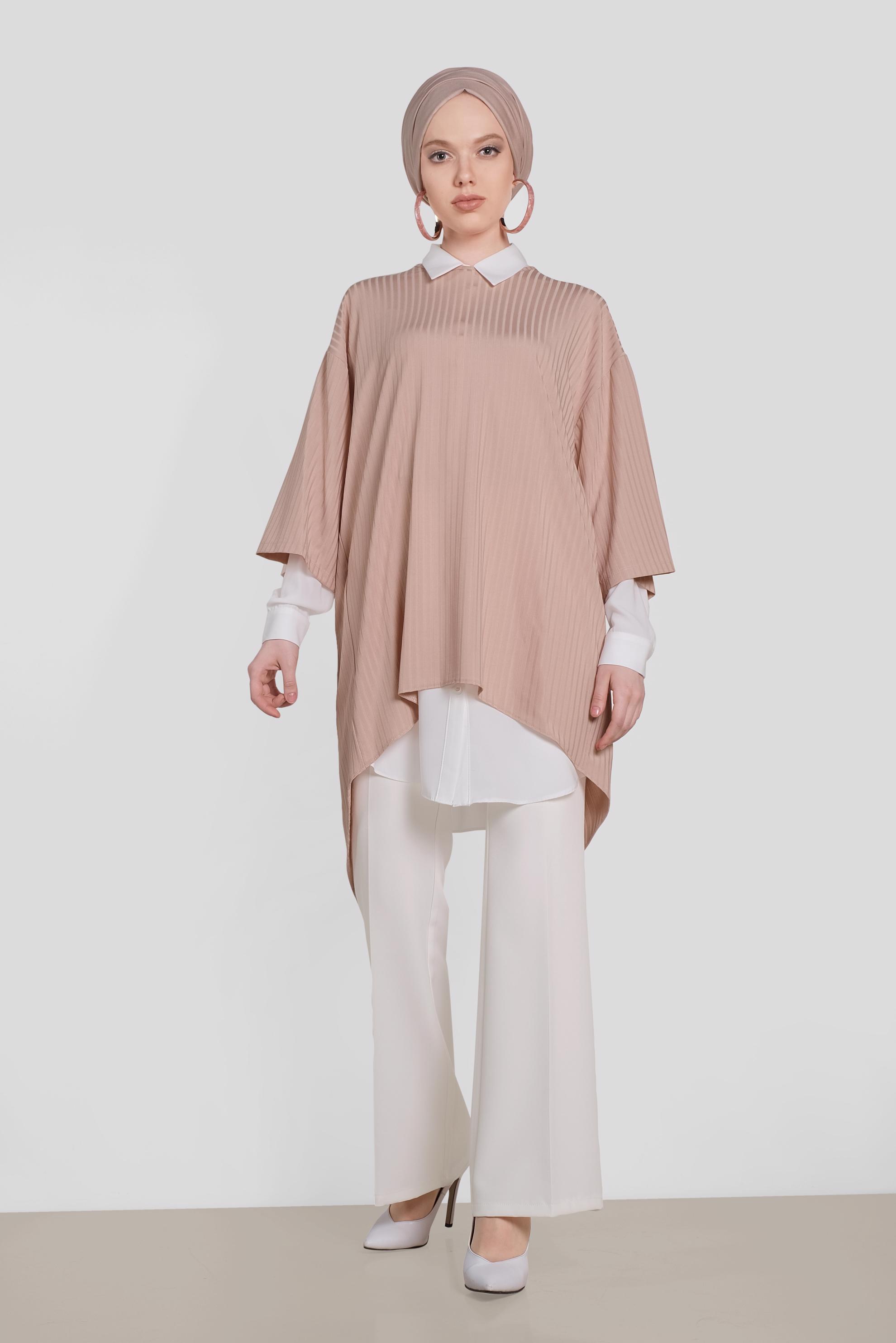 Tesettür giyim PUDRA ARKASI YIRTMAÇLI İKİLİ TUNİK 4449