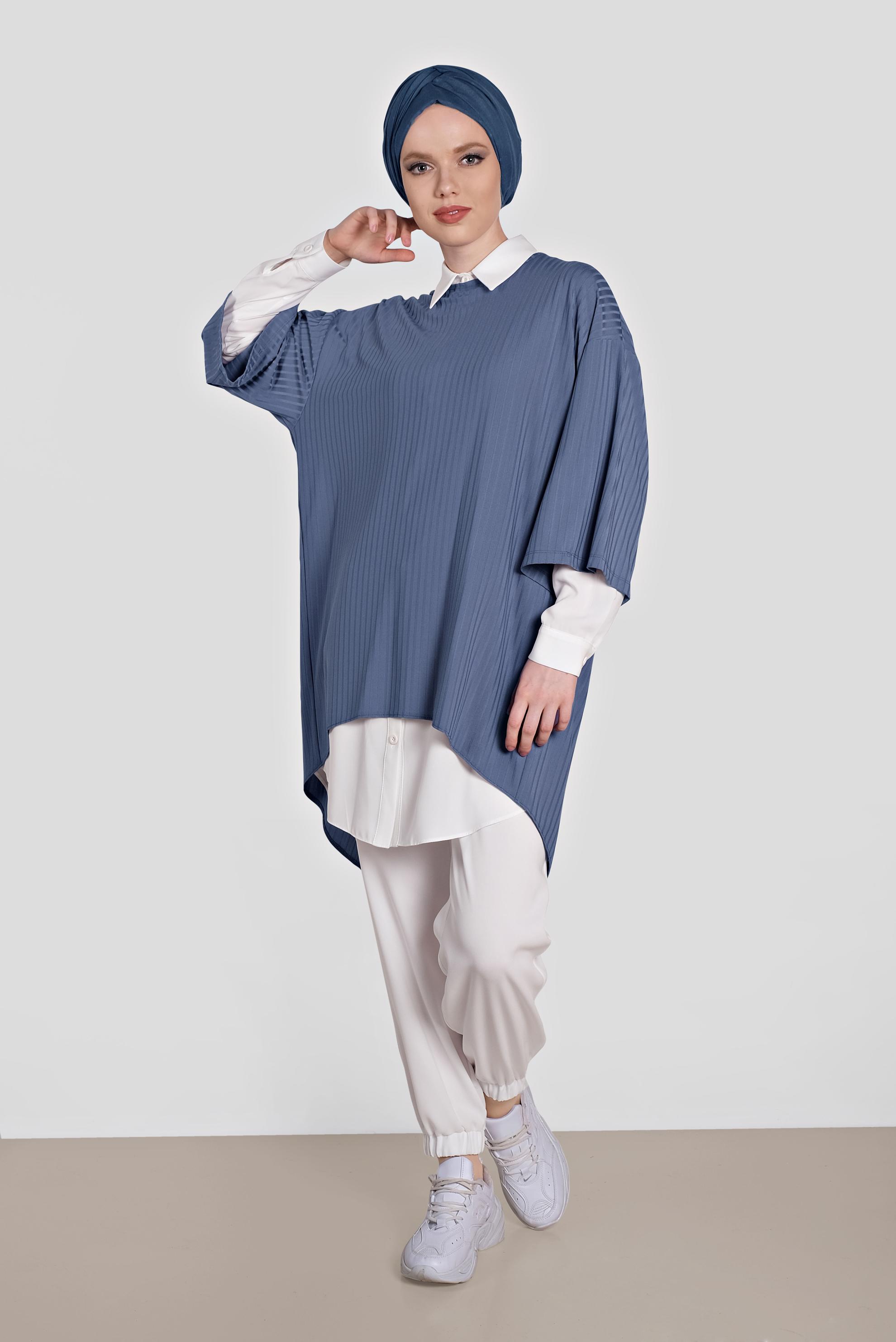 Tesettür giyim LACİVERT ARKASI YIRTMAÇLI İKİLİ TUNİK 4449