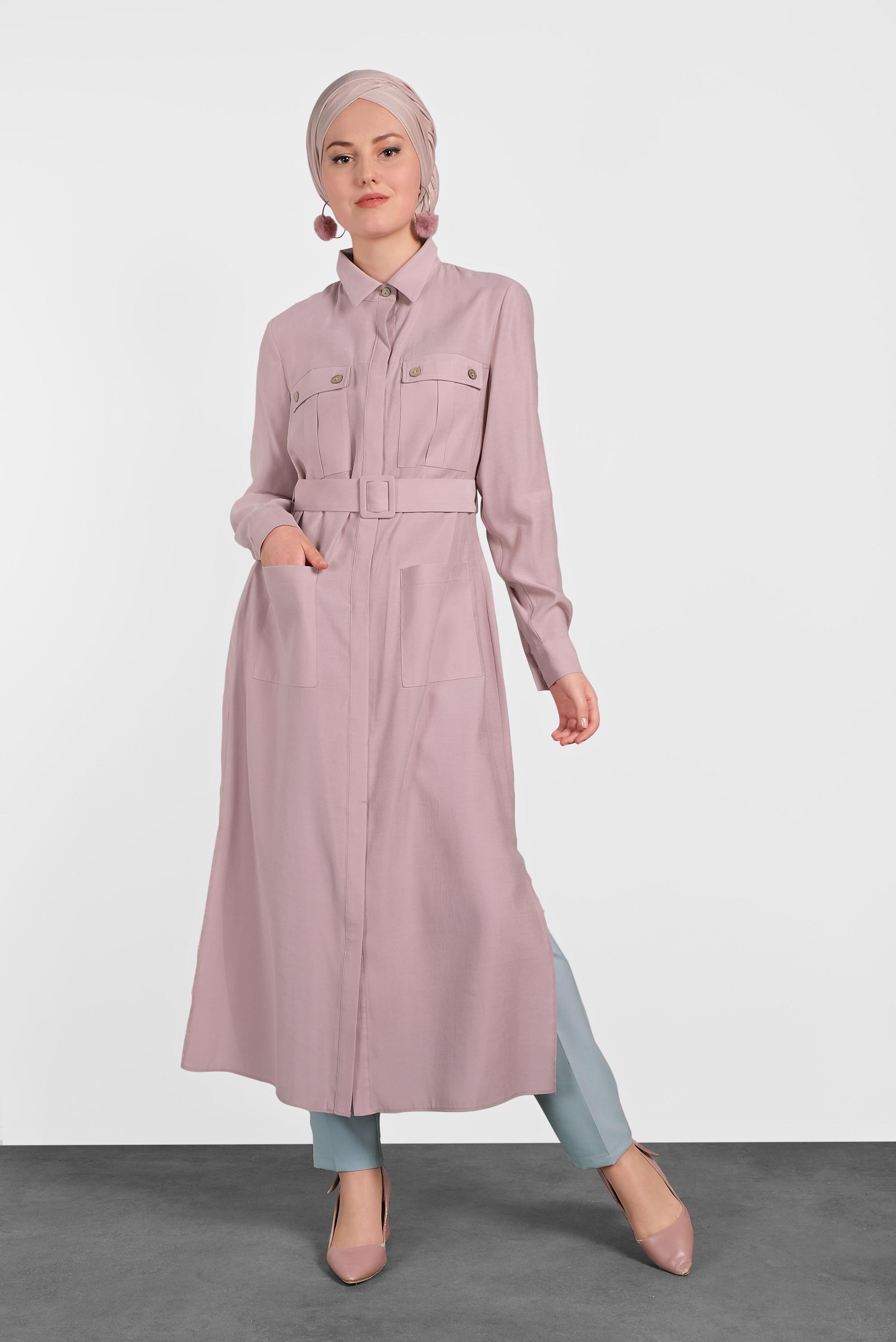 Tesettür giyim PUDRA CEPLİ KEMERLİ TUNİK 4450