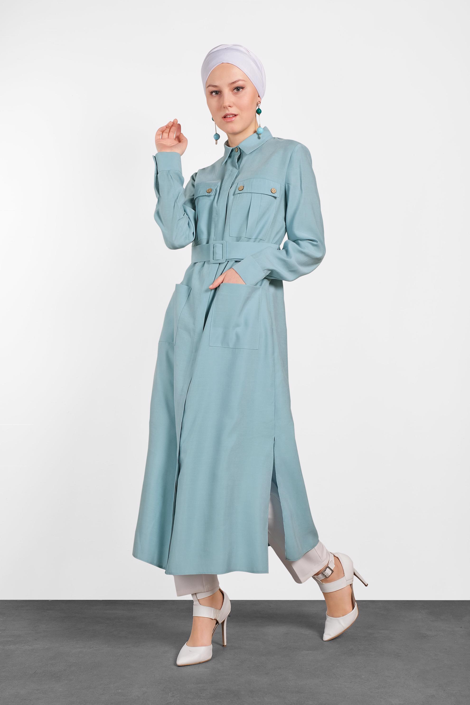 Tesettür giyim MAVİ CEPLİ KEMERLİ TUNİK 4450