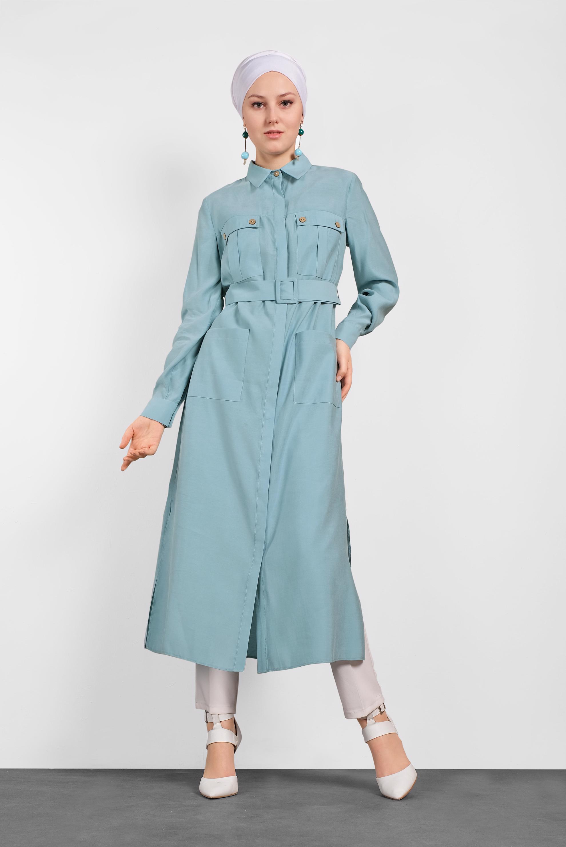 Tesettür giyim MAVİ CEPLİ KEMERLİ TUNİK 4450