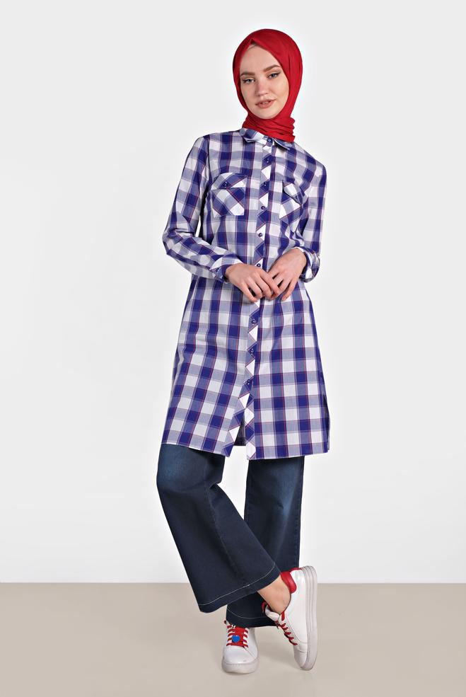 Tesettür giyim  SIRTI NAKIŞ İŞLEMELİ EKOSE TUNİK 4454 - ALVİNA