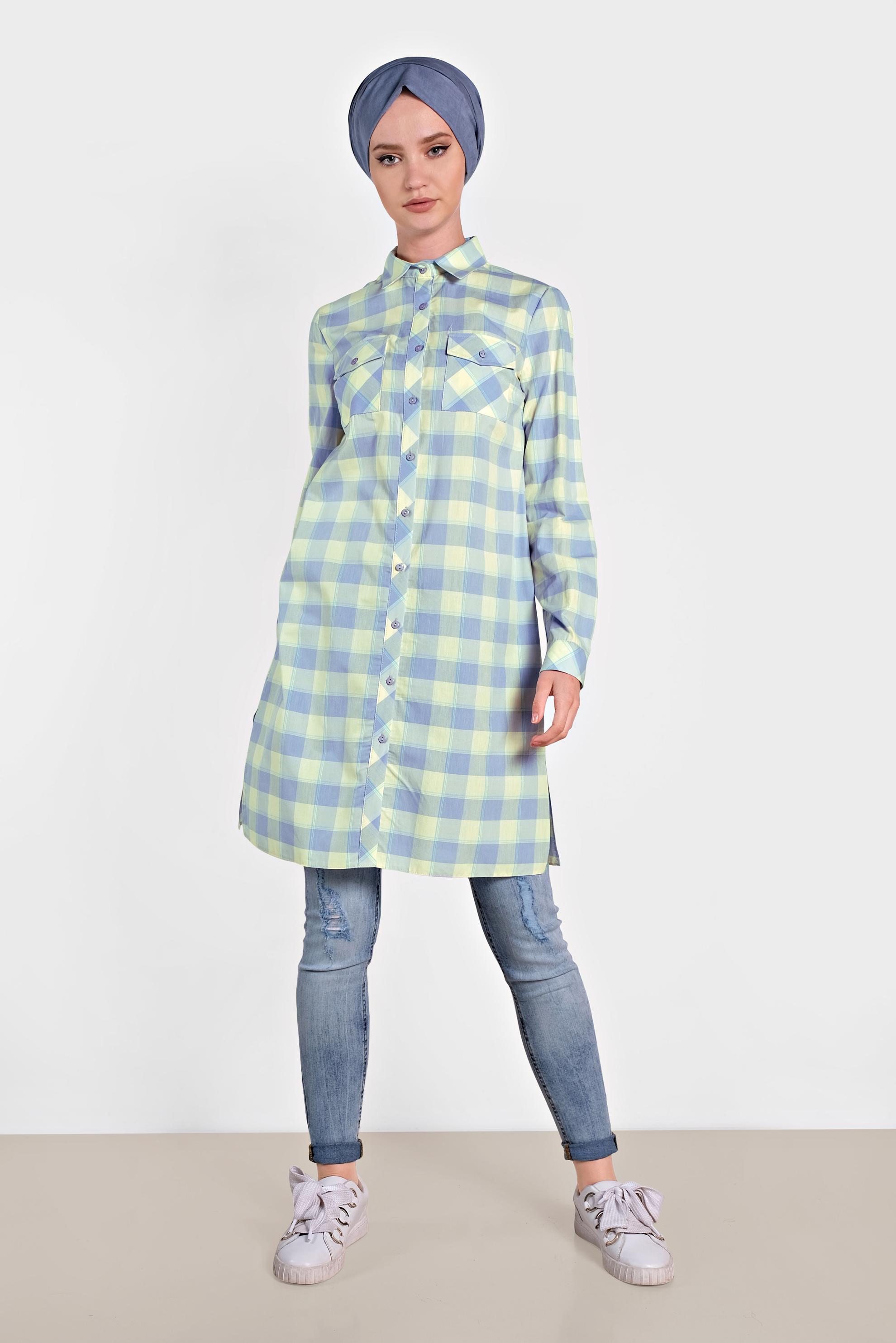 Tesettür giyim MAVİ SIRTI NAKIŞ İŞLEMELİ EKOSE TUNİK 4454