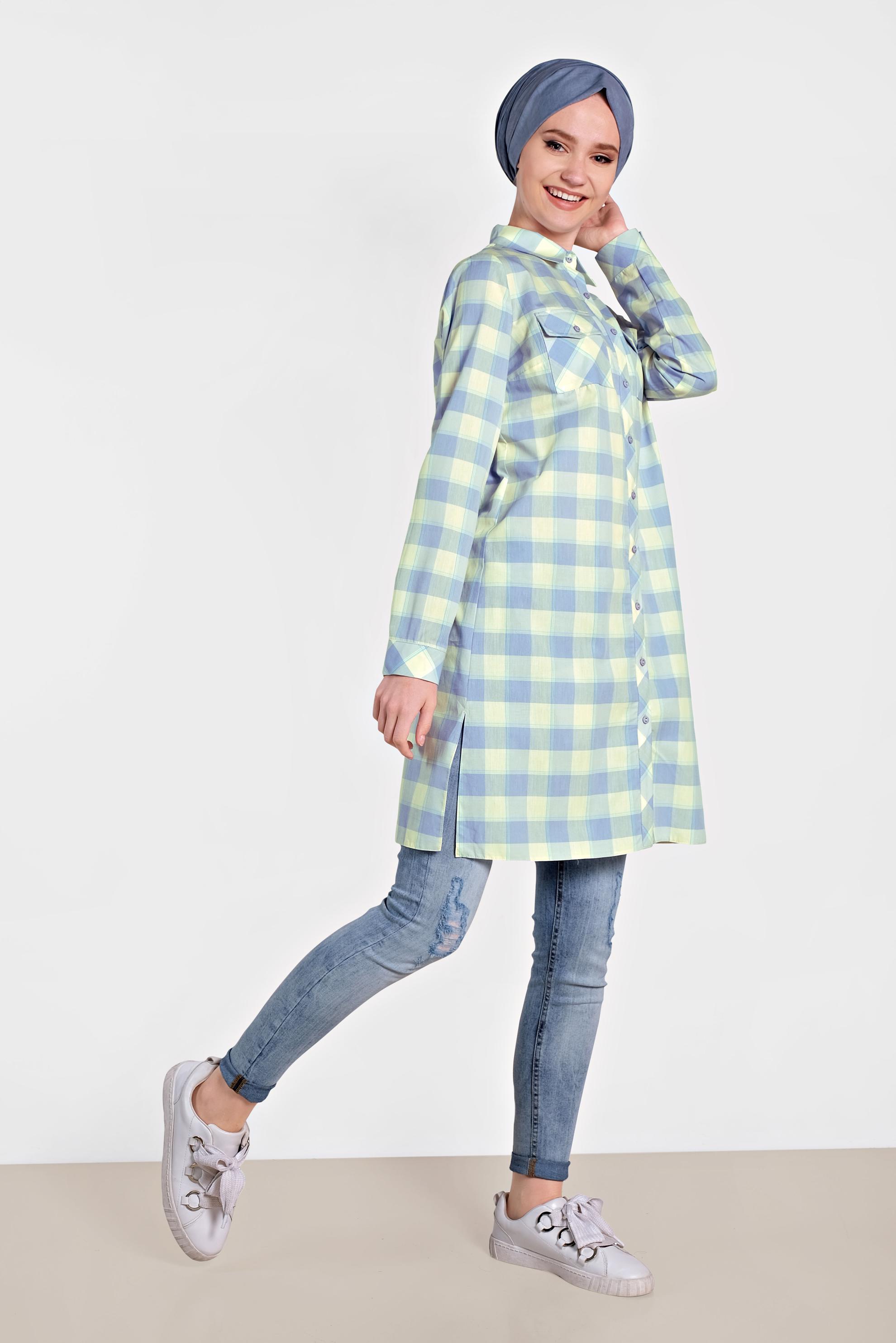 Tesettür giyim MAVİ SIRTI NAKIŞ İŞLEMELİ EKOSE TUNİK 4454