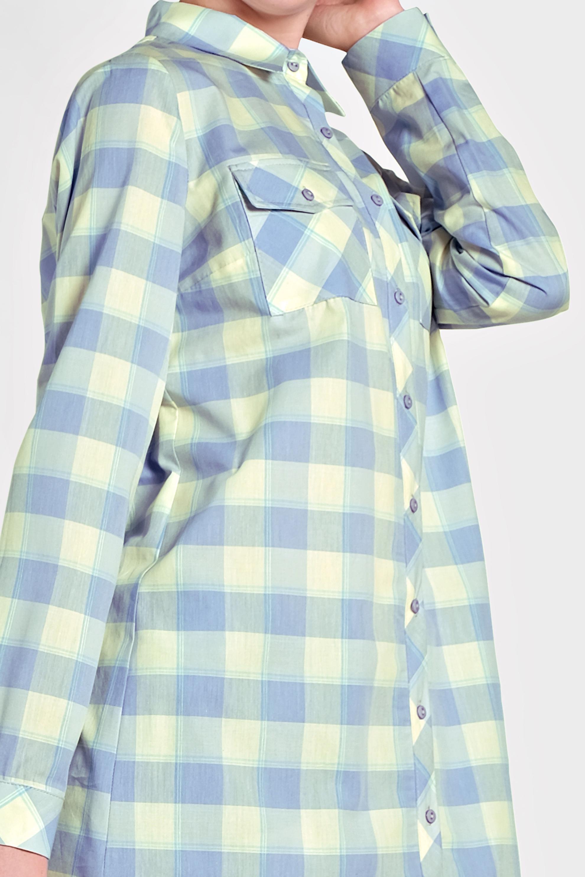 Tesettür giyim MAVİ SIRTI NAKIŞ İŞLEMELİ EKOSE TUNİK 4454