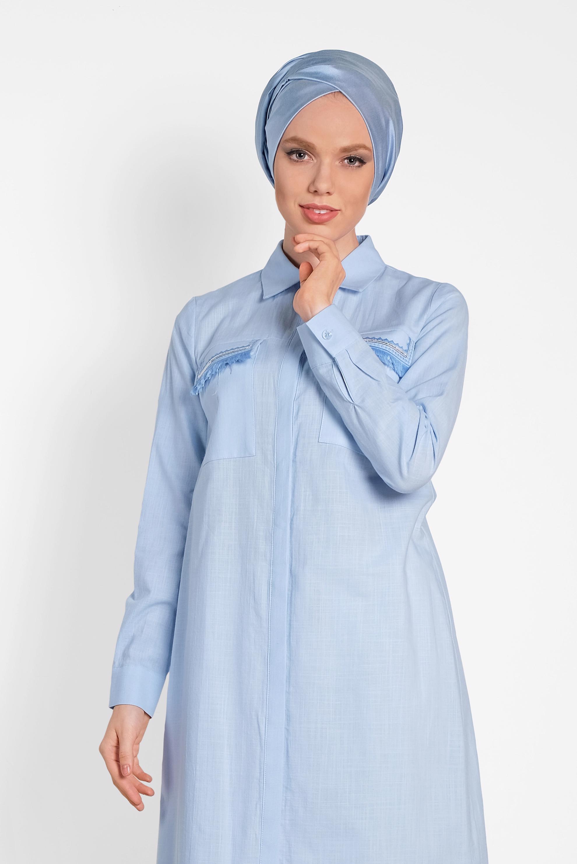 Tesettür giyim MAVİ CEP DETAYLI TUNİK 4455