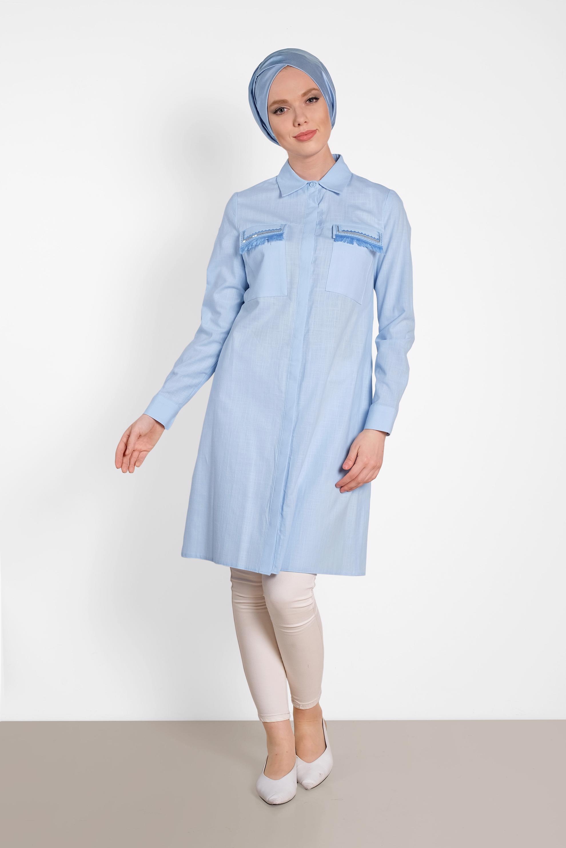 Tesettür giyim MAVİ CEP DETAYLI TUNİK 4455
