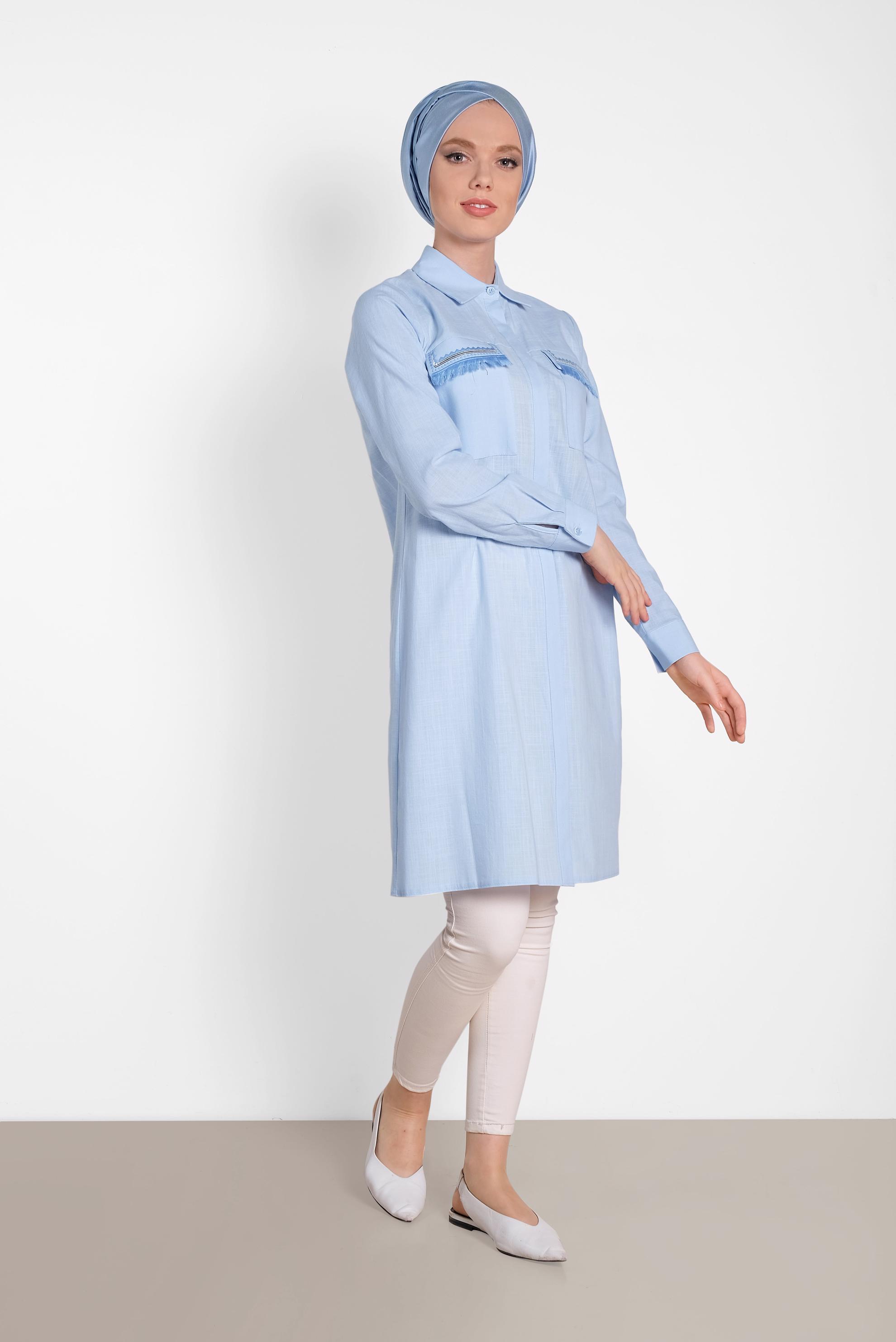 Tesettür giyim MAVİ CEP DETAYLI TUNİK 4455