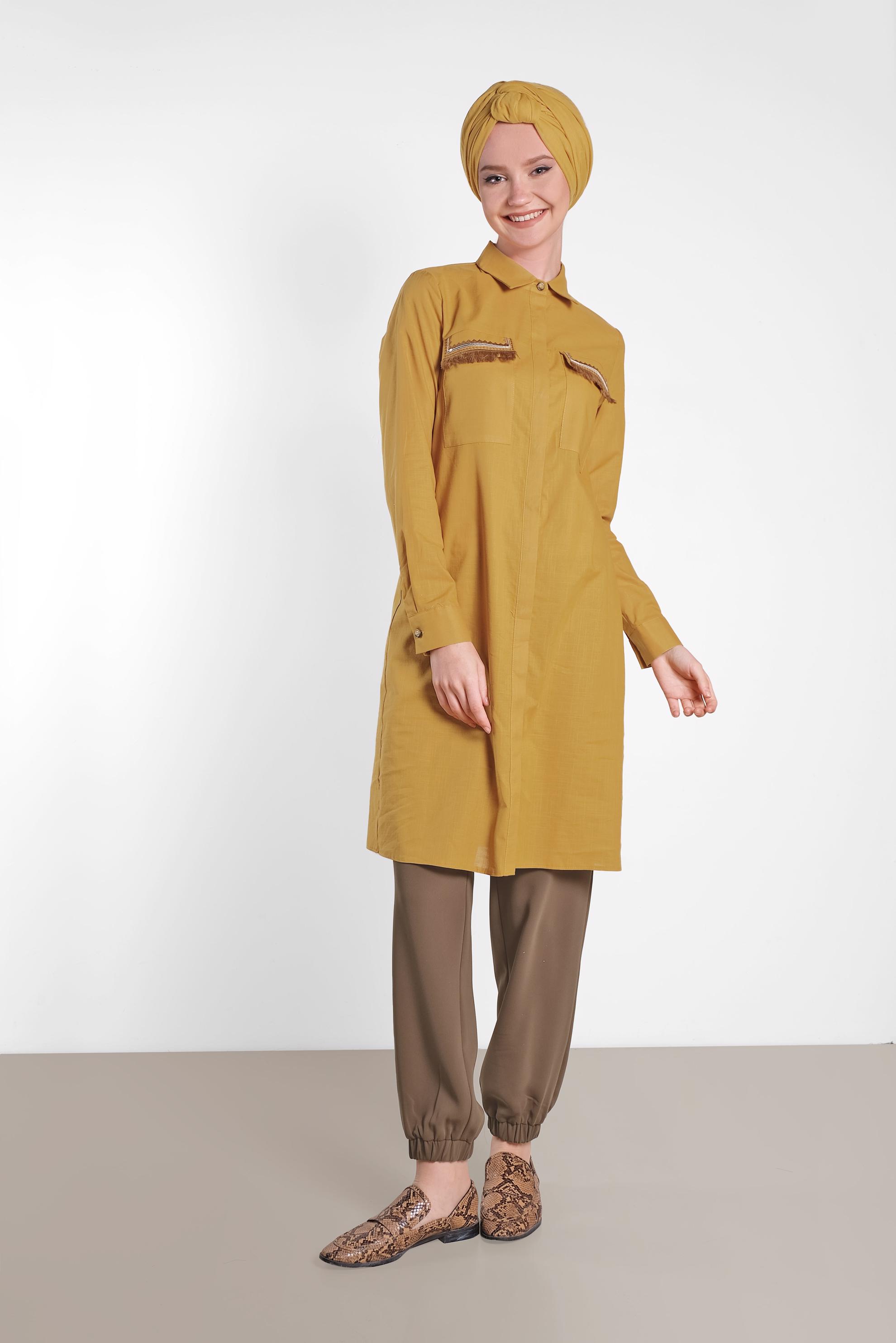 Tesettür giyim SARI CEP DETAYLI TUNİK 4455