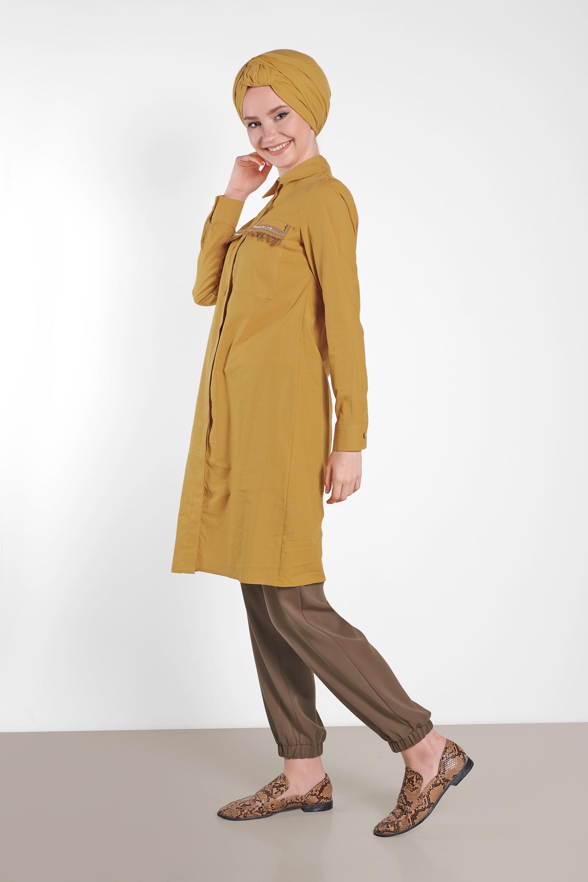 Tesettür giyim SARI CEP DETAYLI TUNİK 4455