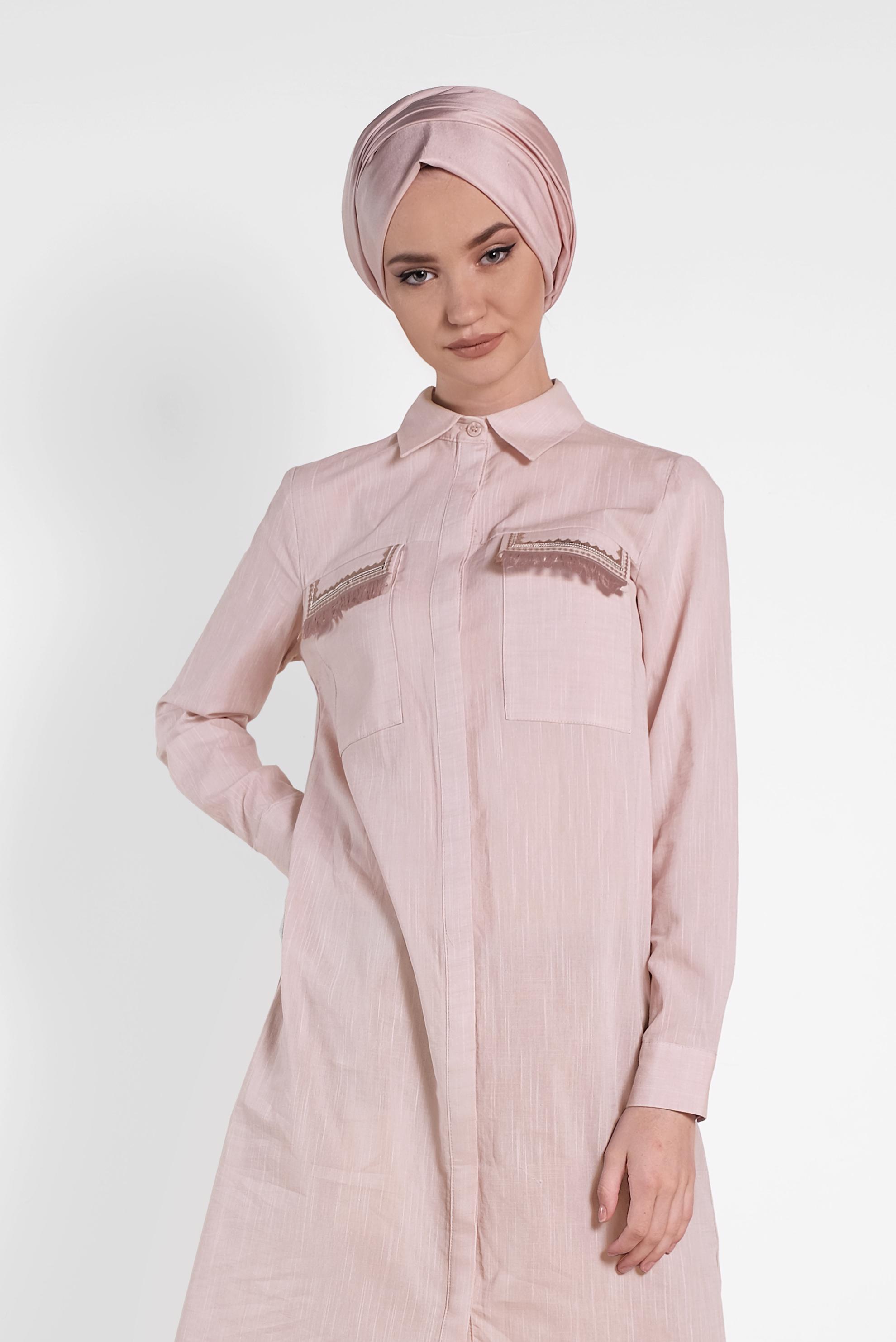 Tesettür giyim PUDRA CEP DETAYLI TUNİK 4455