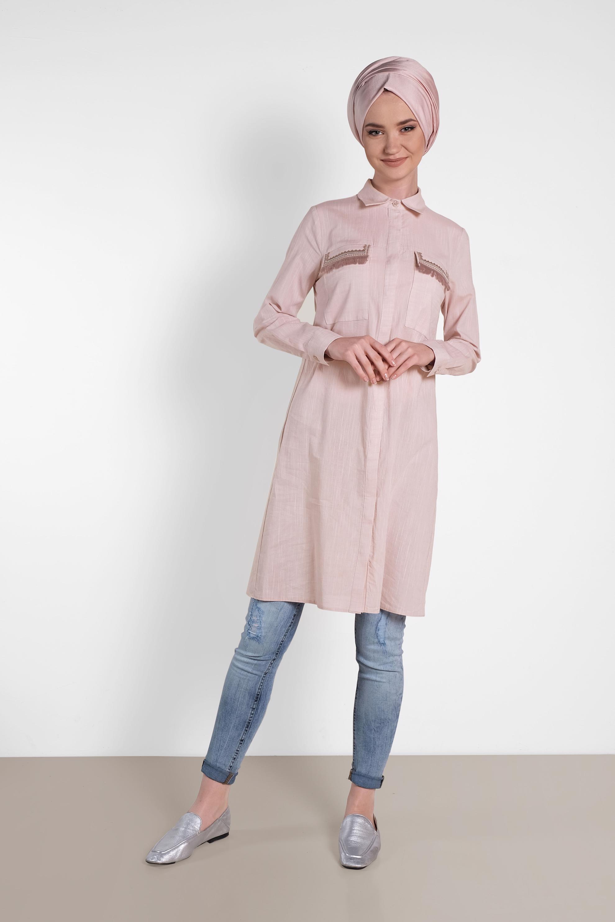 Tesettür giyim PUDRA CEP DETAYLI TUNİK 4455