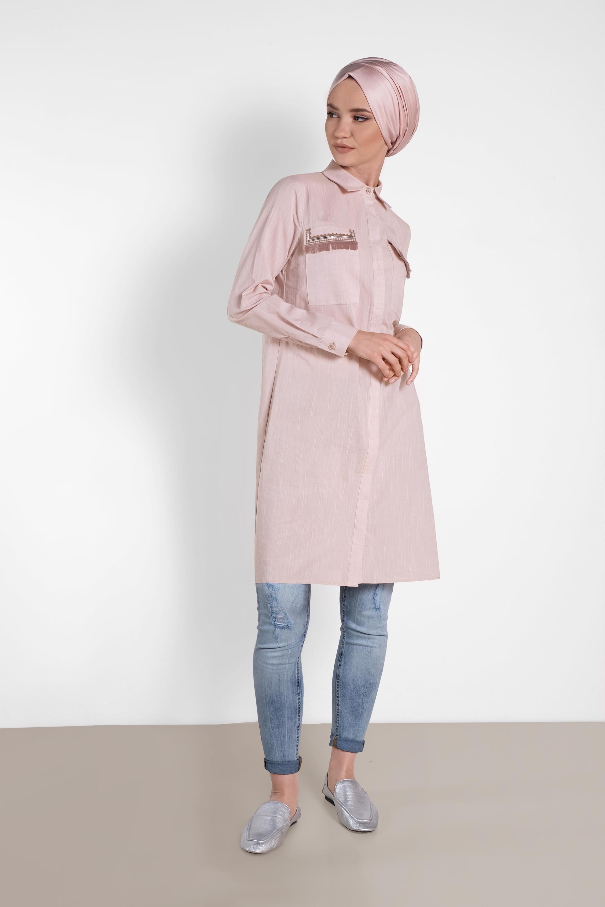 Tesettür giyim PUDRA CEP DETAYLI TUNİK 4455