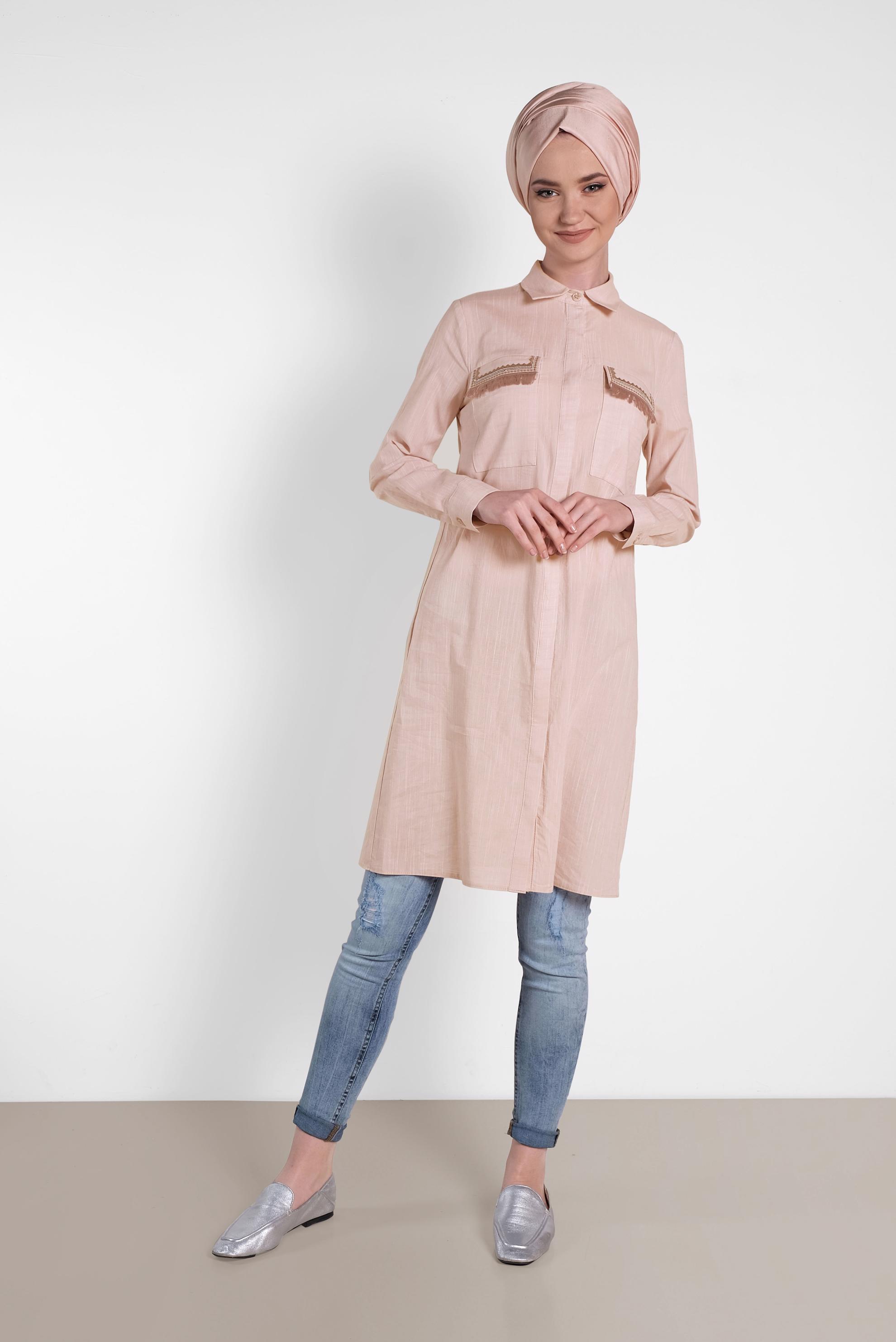 Tesettür giyim PUDRA CEP DETAYLI TUNİK 4455