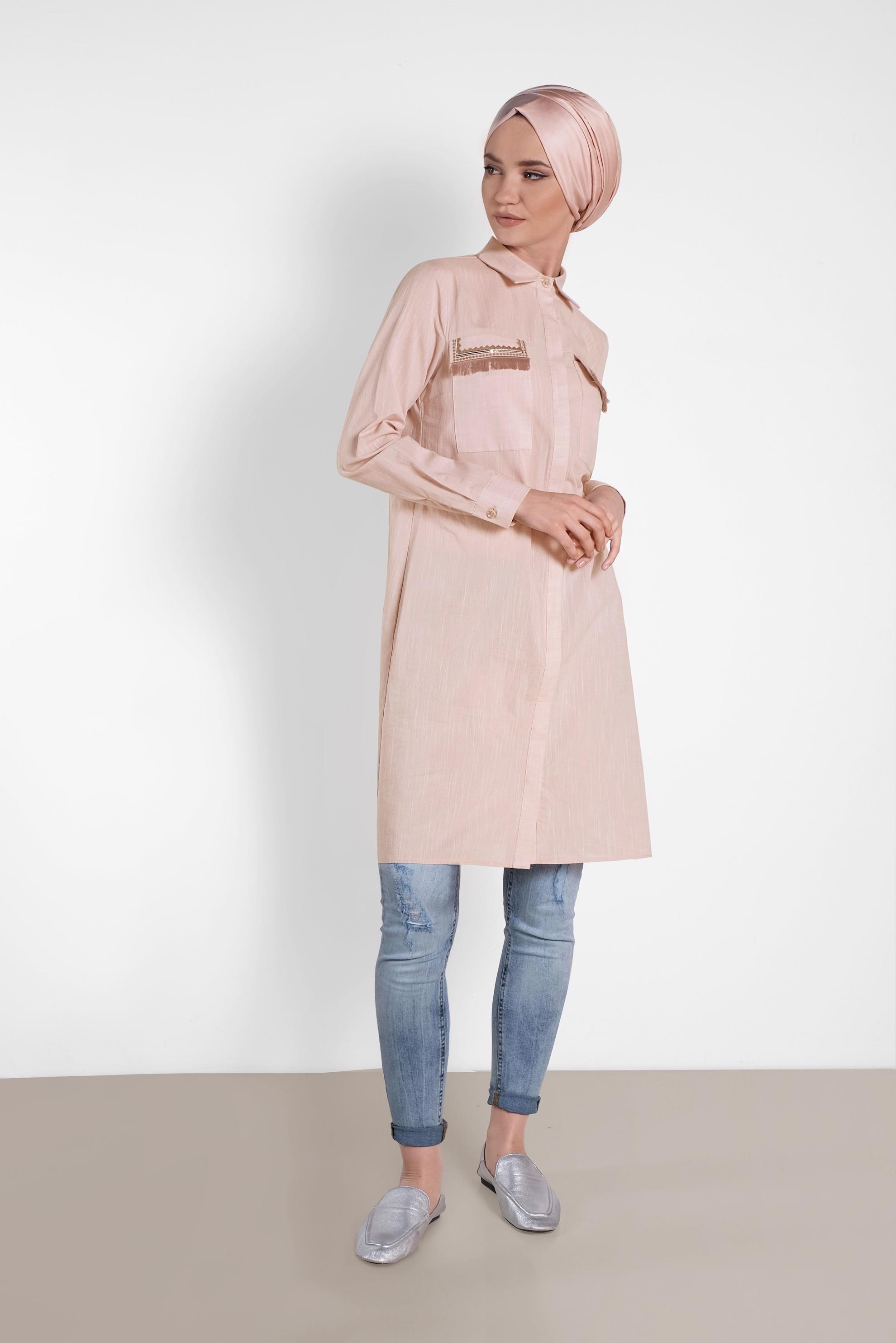 Tesettür giyim PUDRA CEP DETAYLI TUNİK 4455
