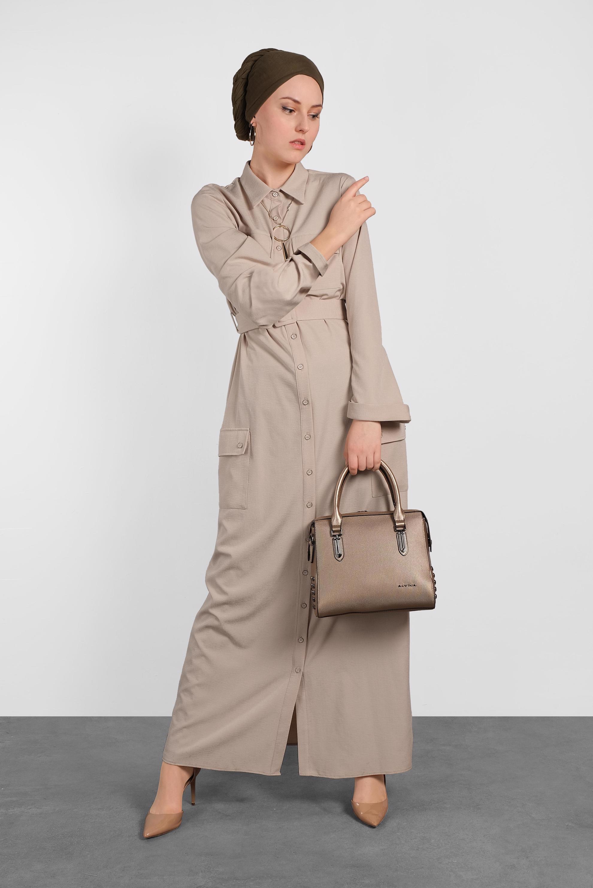 Tesettür giyim BEJ KUŞAKLI DÜĞMELİ TUNİK 4456