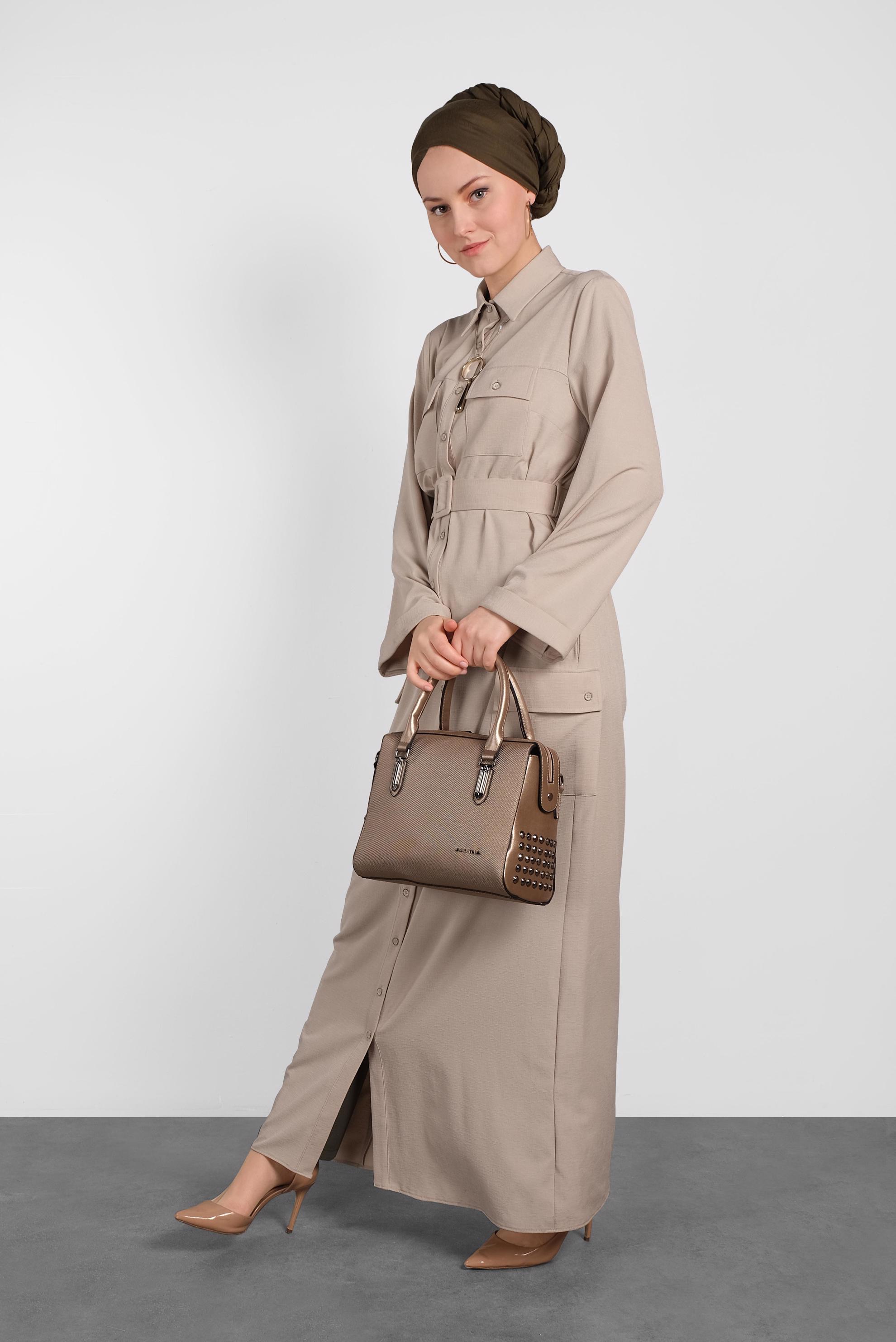 Tesettür giyim BEJ KUŞAKLI DÜĞMELİ TUNİK 4456