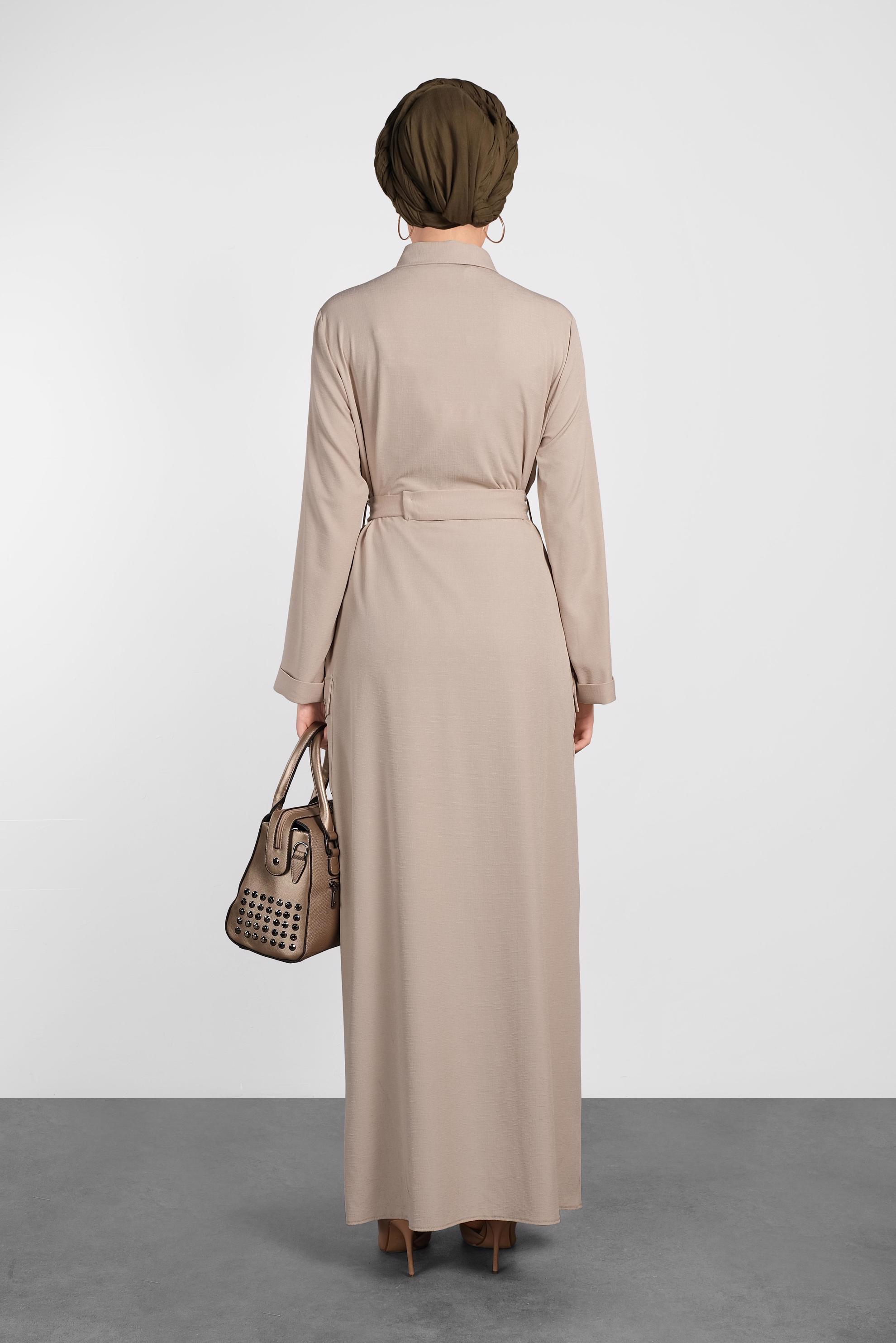 Tesettür giyim BEJ KUŞAKLI DÜĞMELİ TUNİK 4456