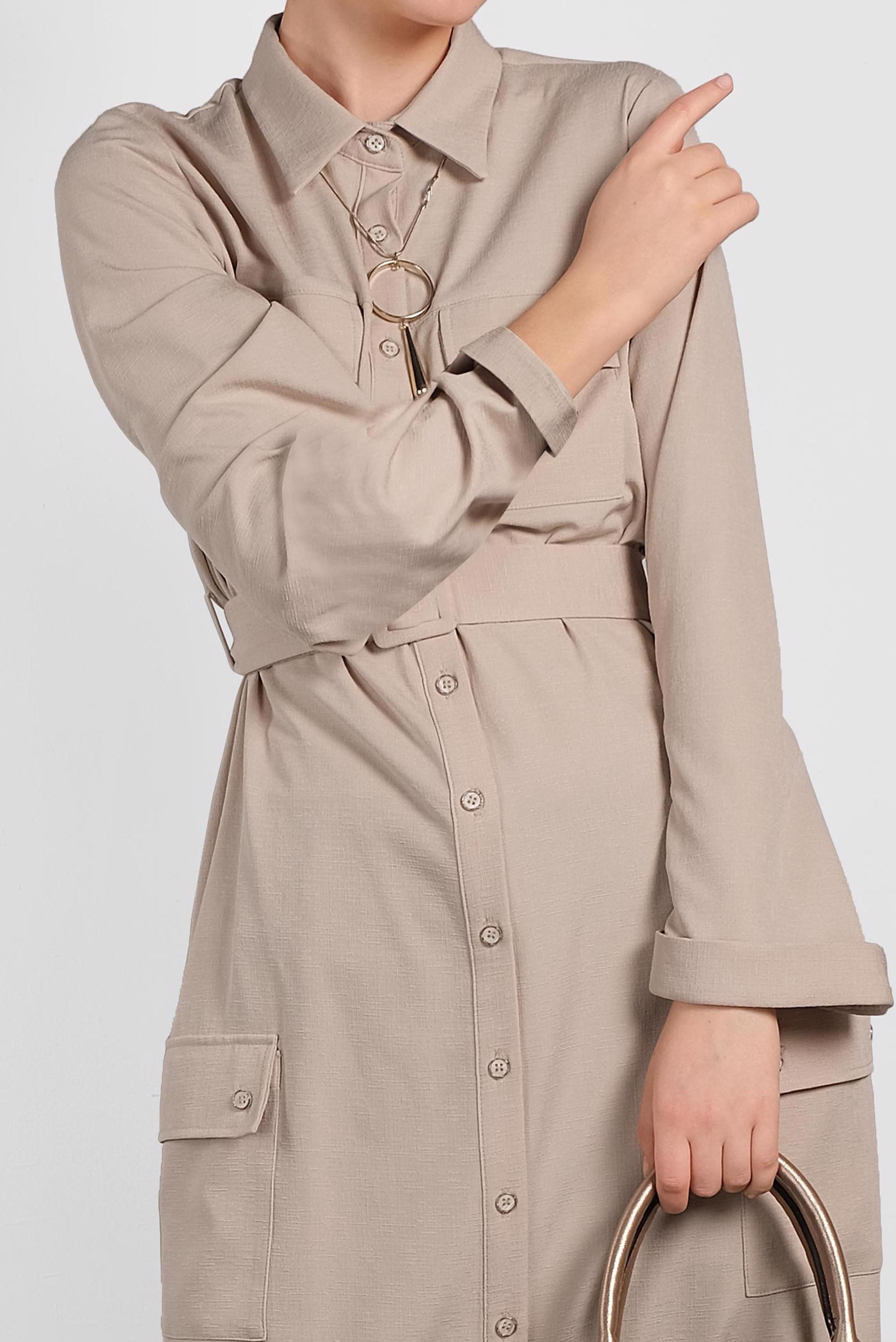 Tesettür giyim BEJ KUŞAKLI DÜĞMELİ TUNİK 4456