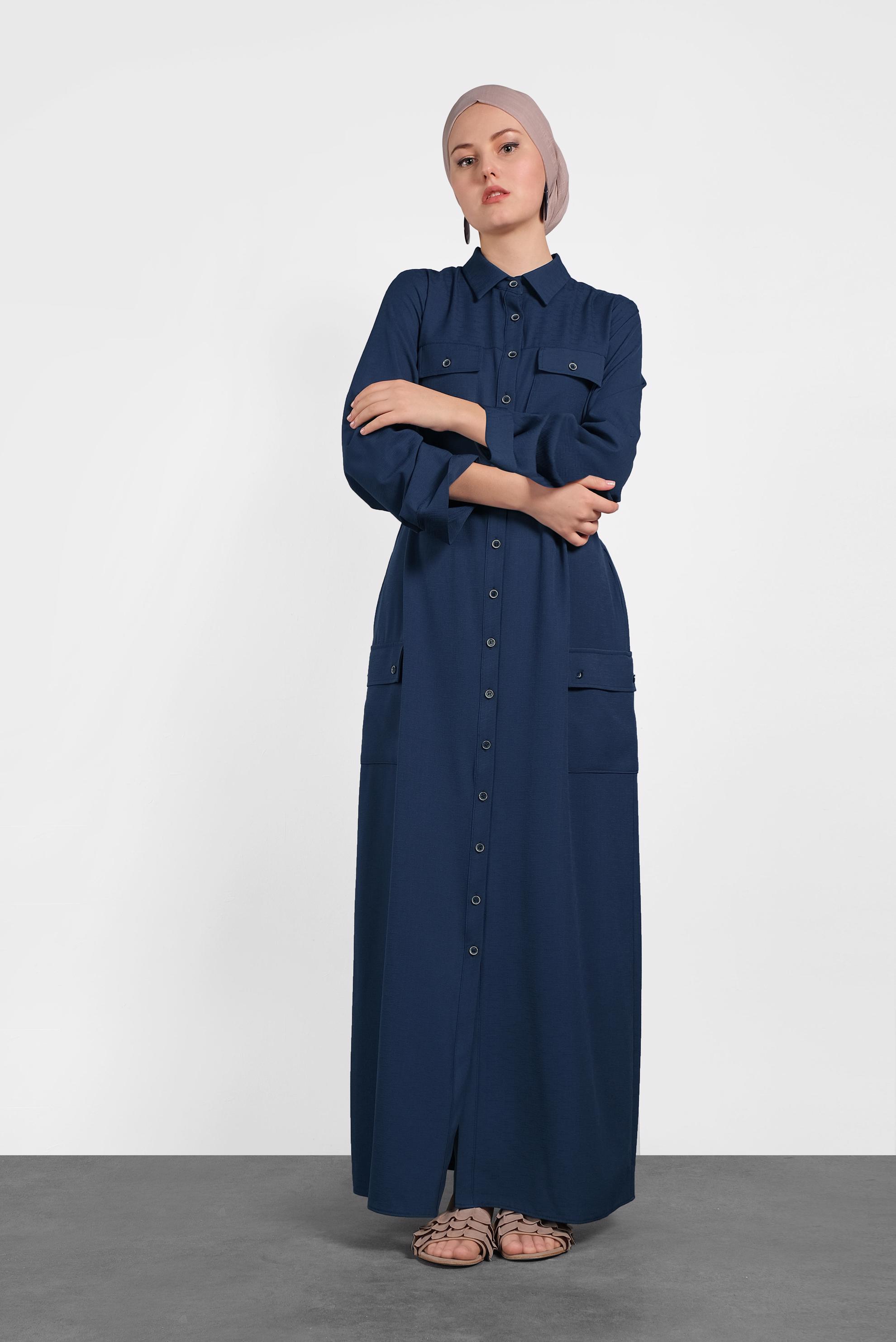 Tesettür giyim LACİVERT KUŞAKLI DÜĞMELİ TUNİK 4456