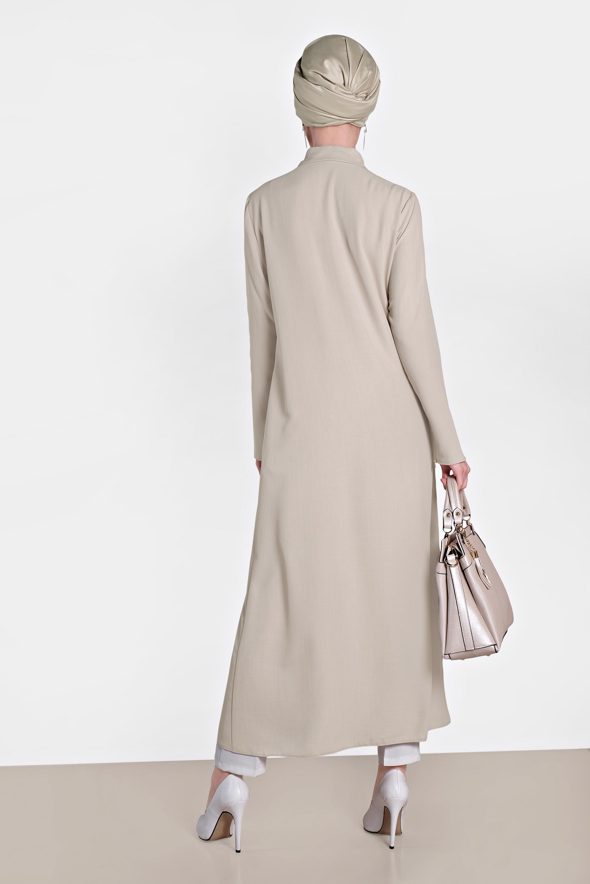 Tesettür giyim BEJ MANŞETLERİ FERMUARLI NAKIŞLI TUNİK 4457