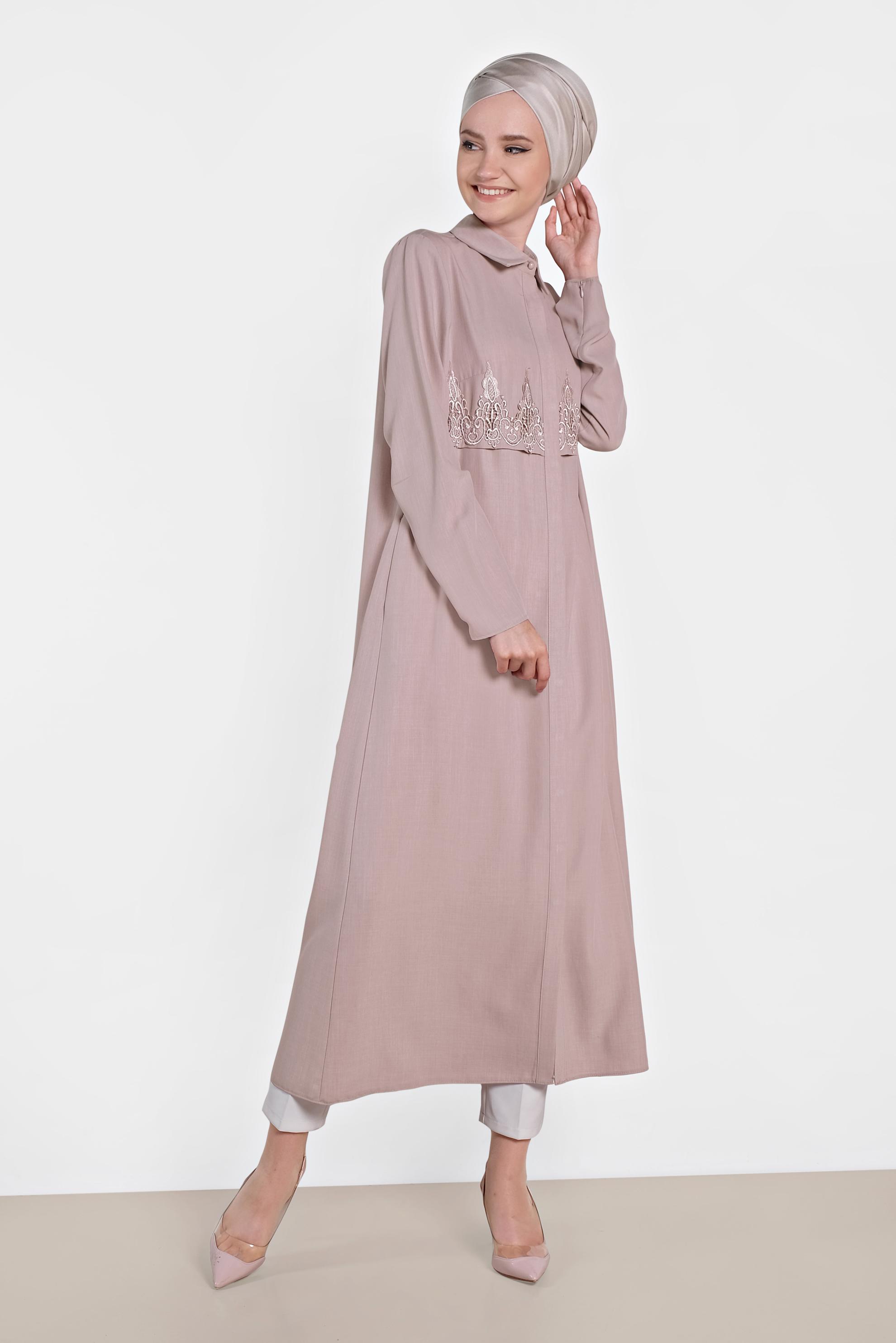 Tesettür giyim PUDRA MANŞETLERİ FERMUARLI NAKIŞLI TUNİK 4457