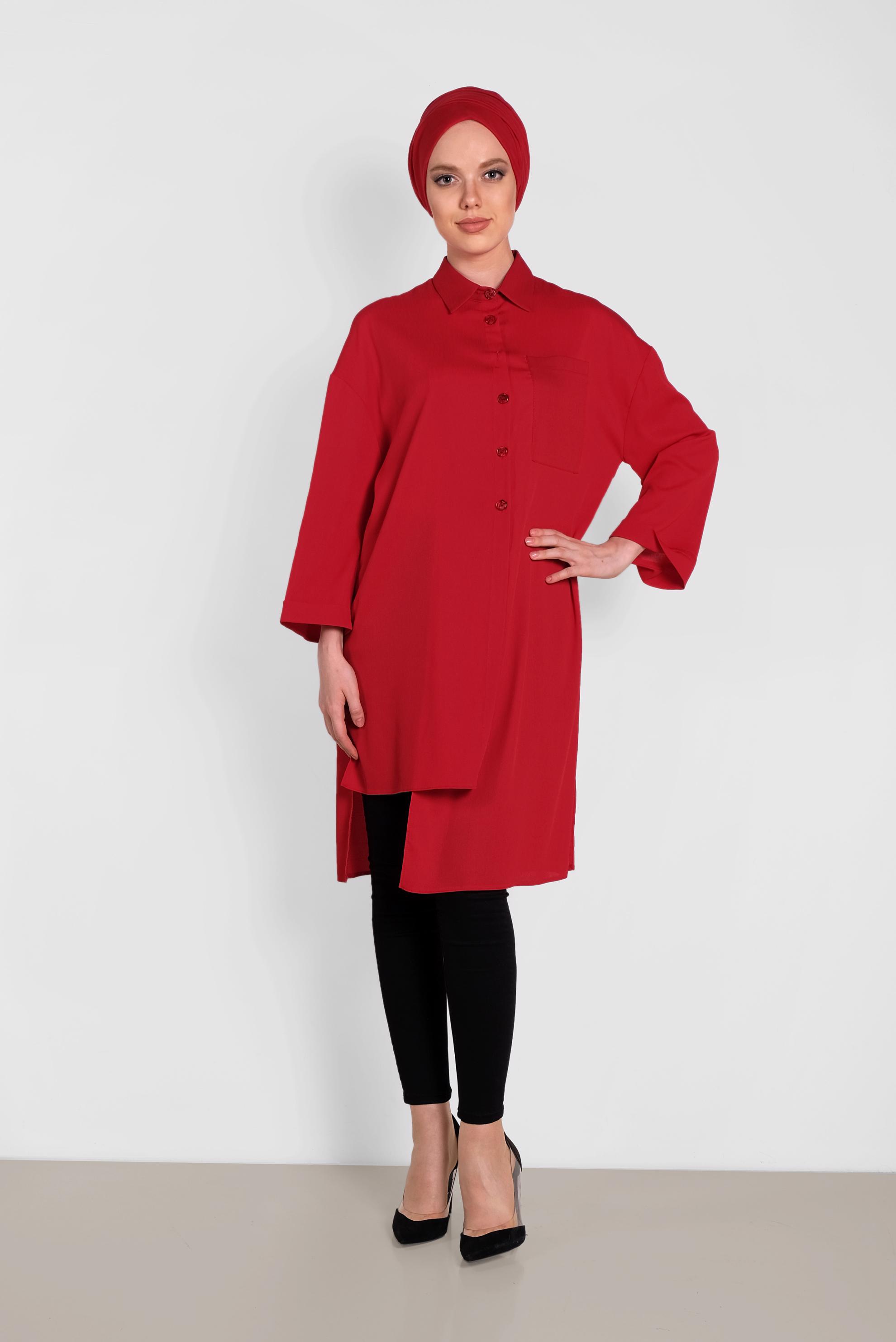 Tesettür giyim KIRMIZI ASİMETRİK KESİM TUNİK 4458