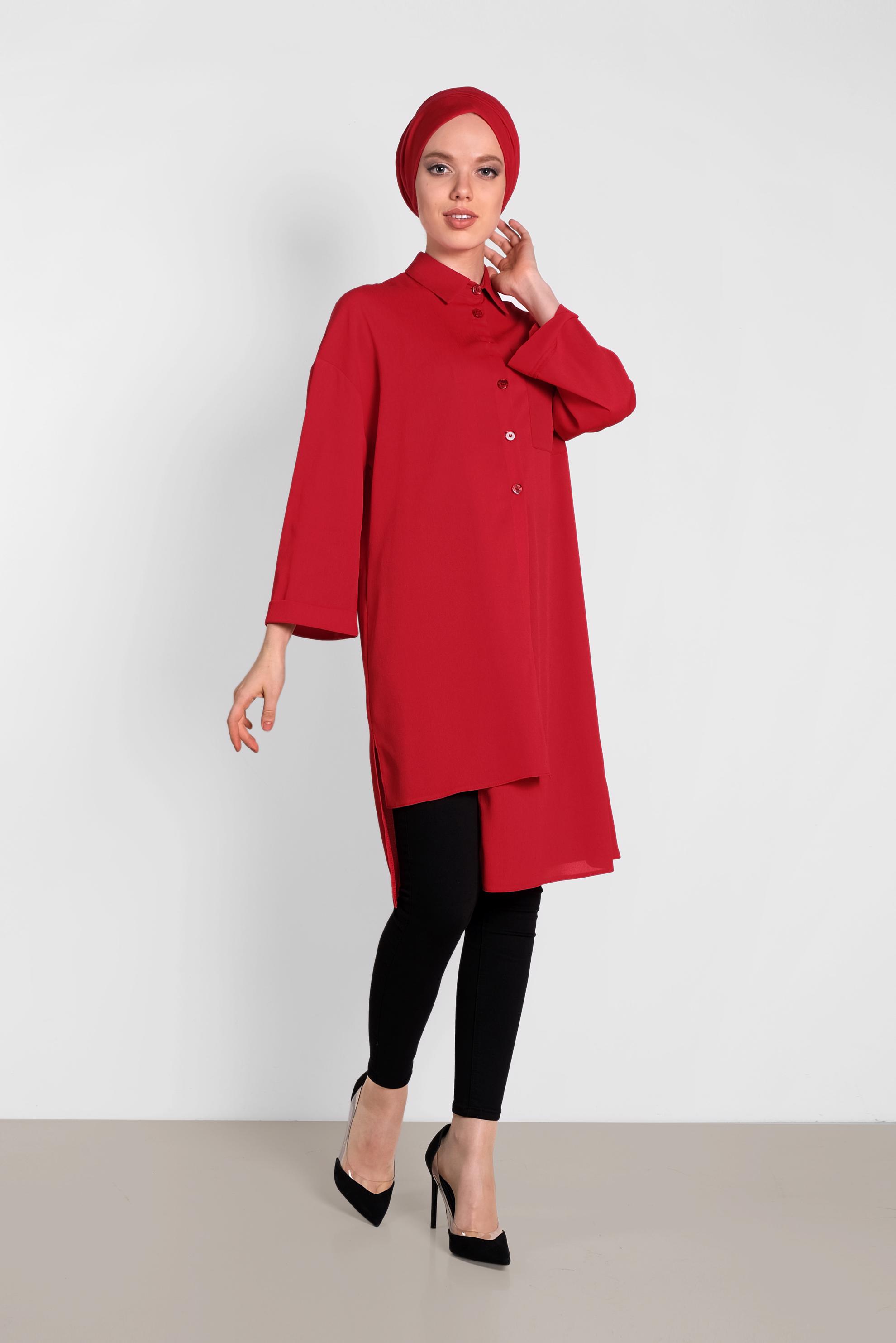 Tesettür giyim KIRMIZI ASİMETRİK KESİM TUNİK 4458