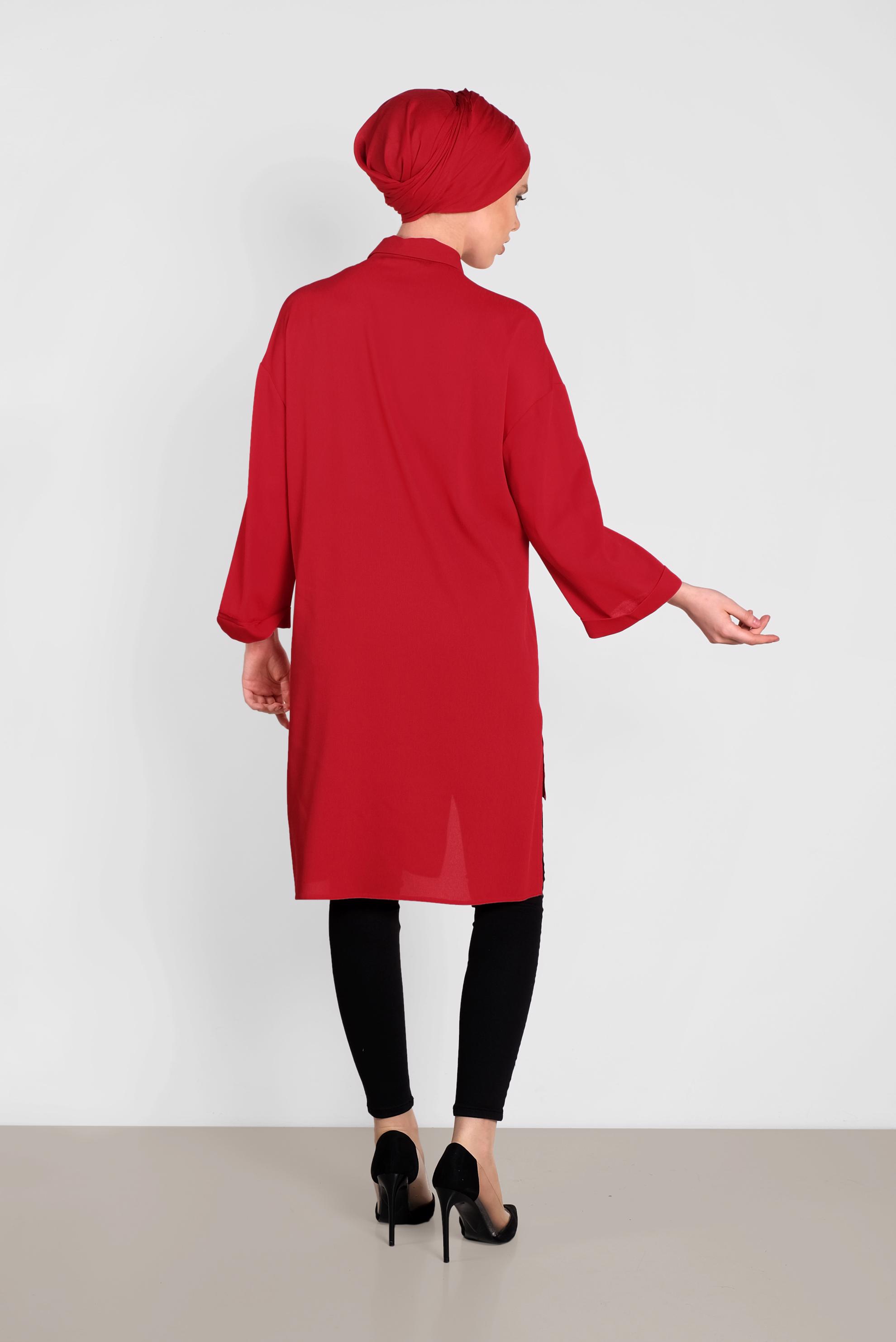 Tesettür giyim KIRMIZI ASİMETRİK KESİM TUNİK 4458