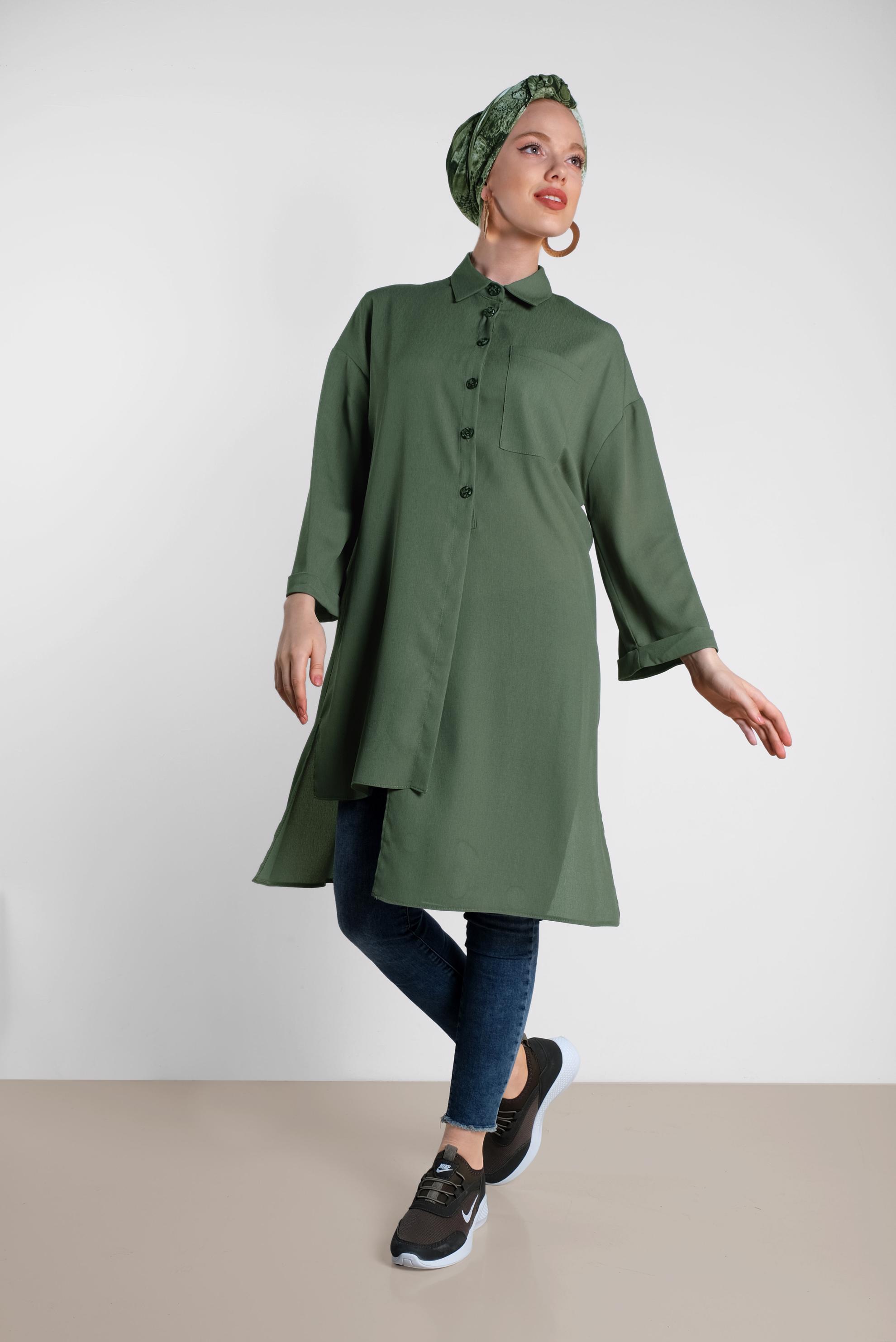 Tesettür giyim HAKİ ASİMETRİK KESİM TUNİK 4458