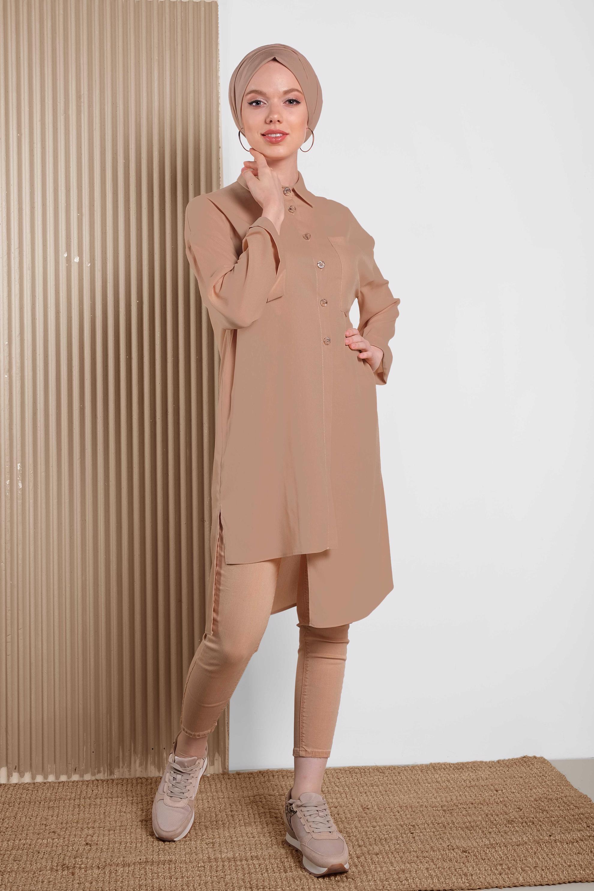 Tesettür giyim PUDRA ASİMETRİK KESİM TUNİK 4458