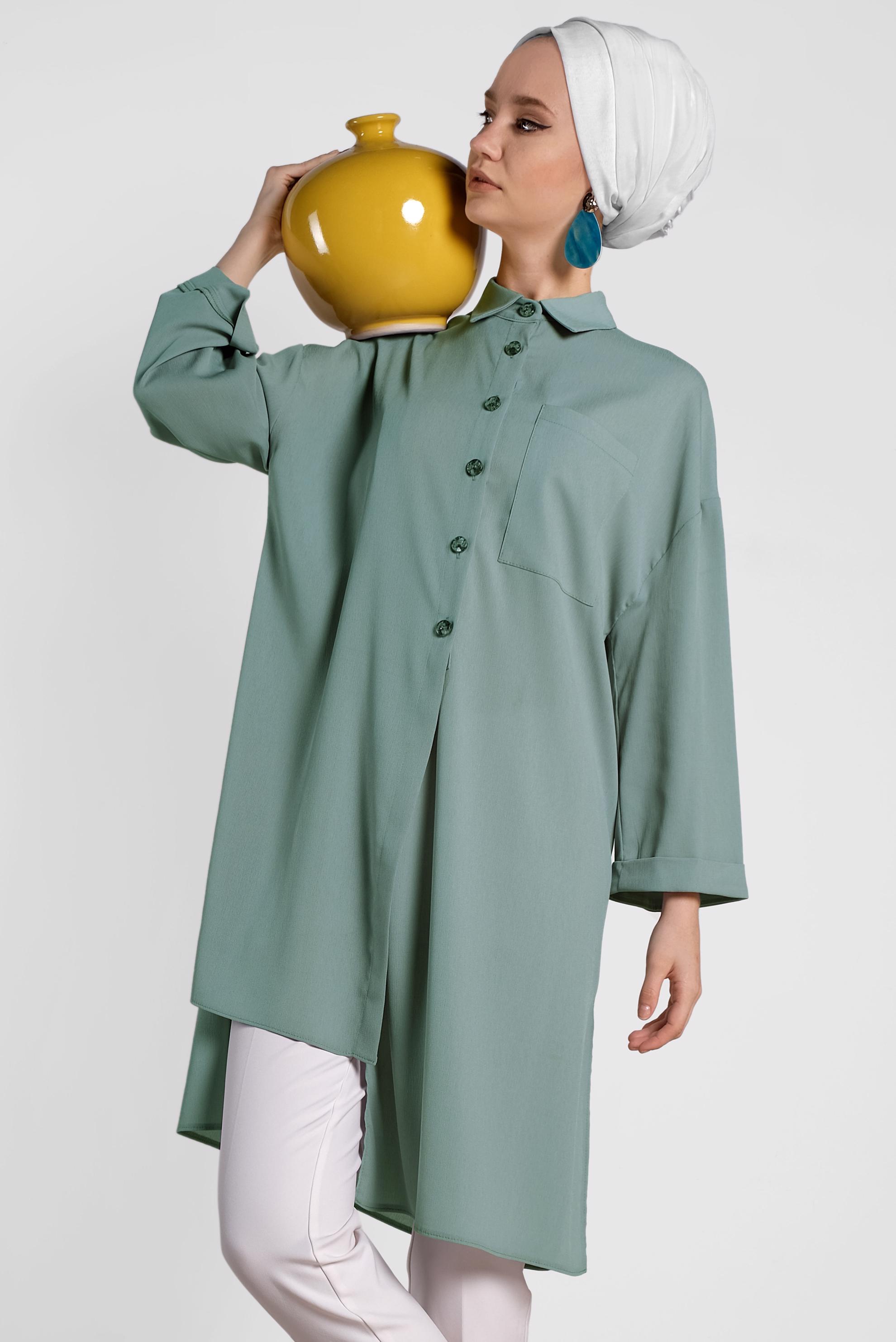 Tesettür giyim YEŞİL ASİMETRİK KESİM TUNİK 4458