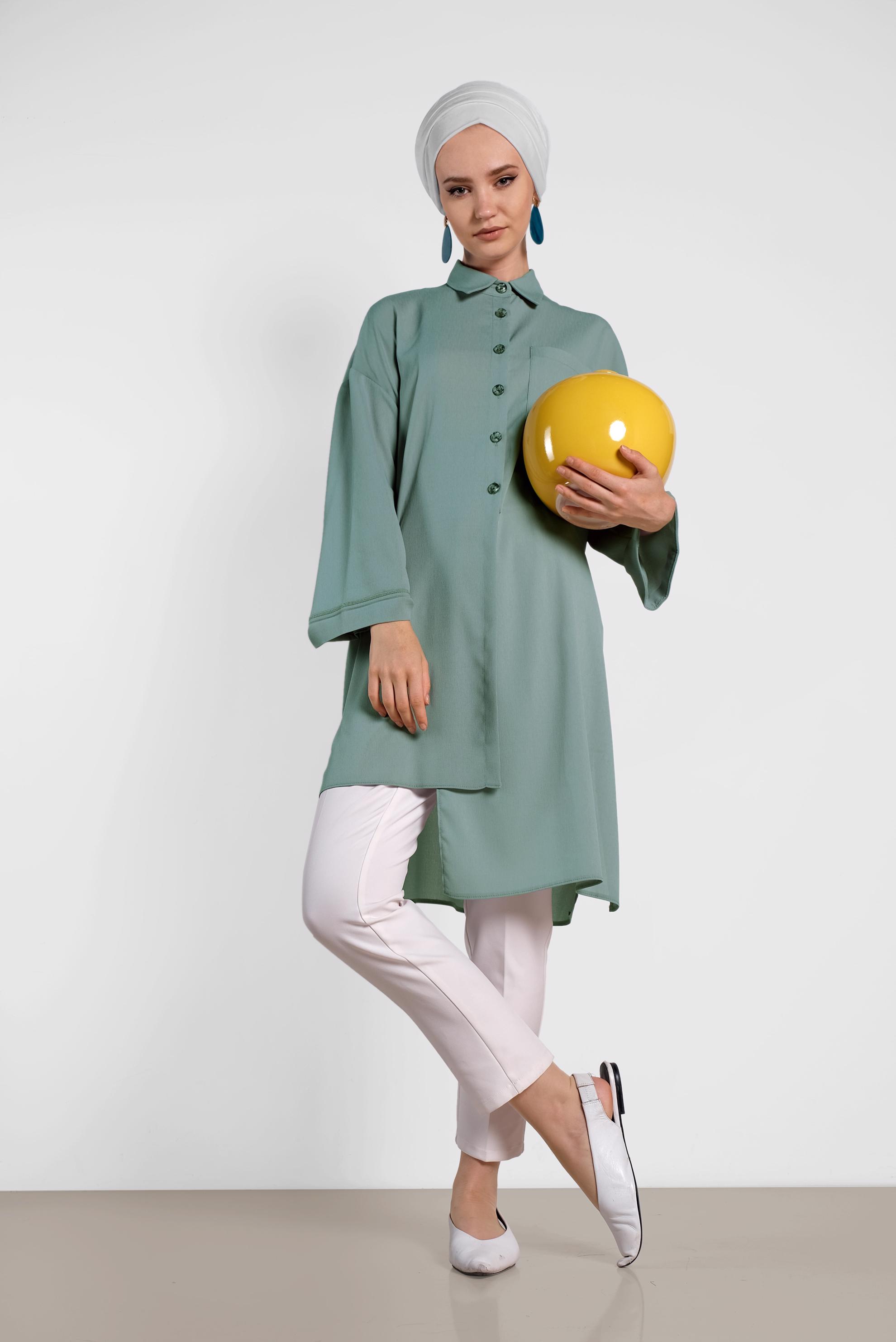 Tesettür giyim YEŞİL ASİMETRİK KESİM TUNİK 4458