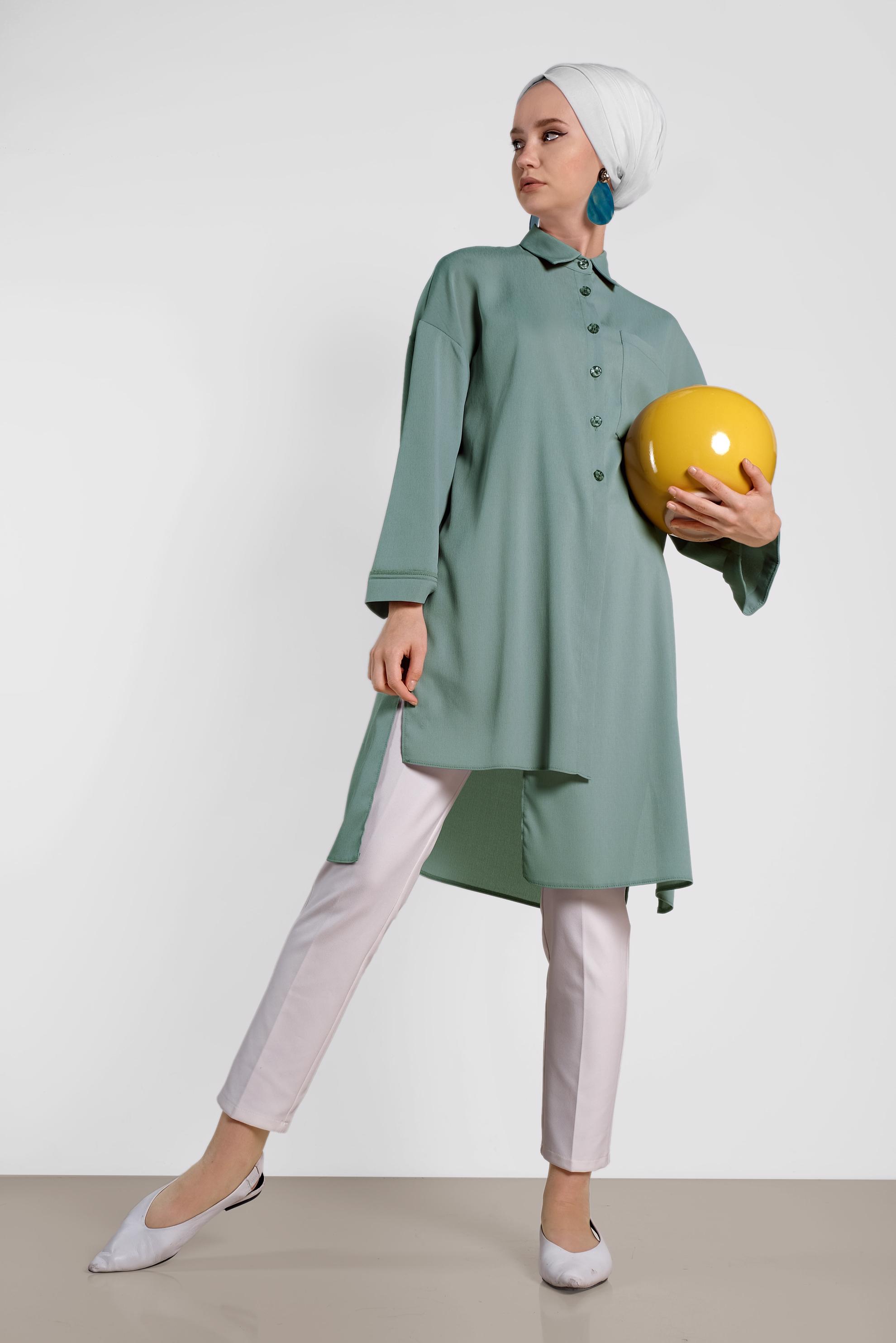 Tesettür giyim YEŞİL ASİMETRİK KESİM TUNİK 4458