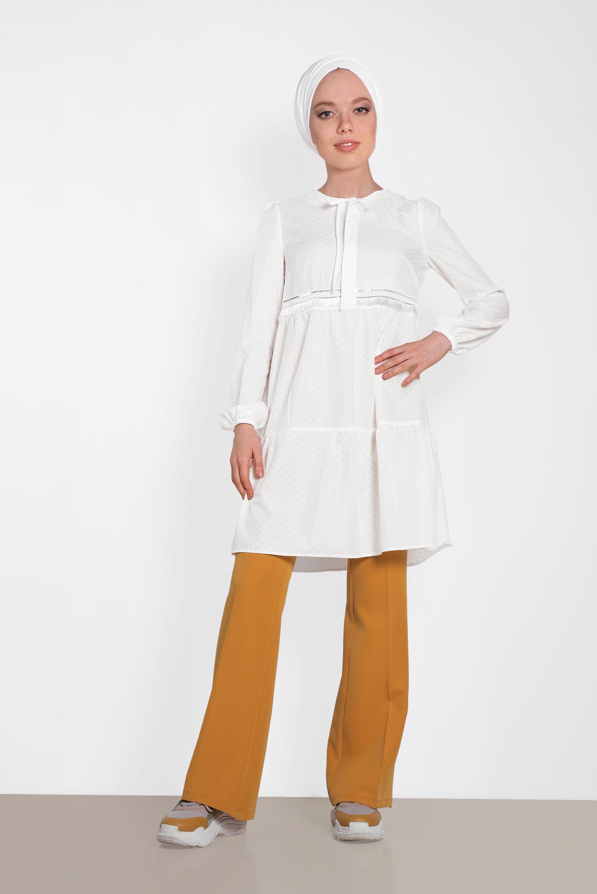 Tesettür giyim BEYAZ KOLLARI LASTİKLİ TUNİK 4470