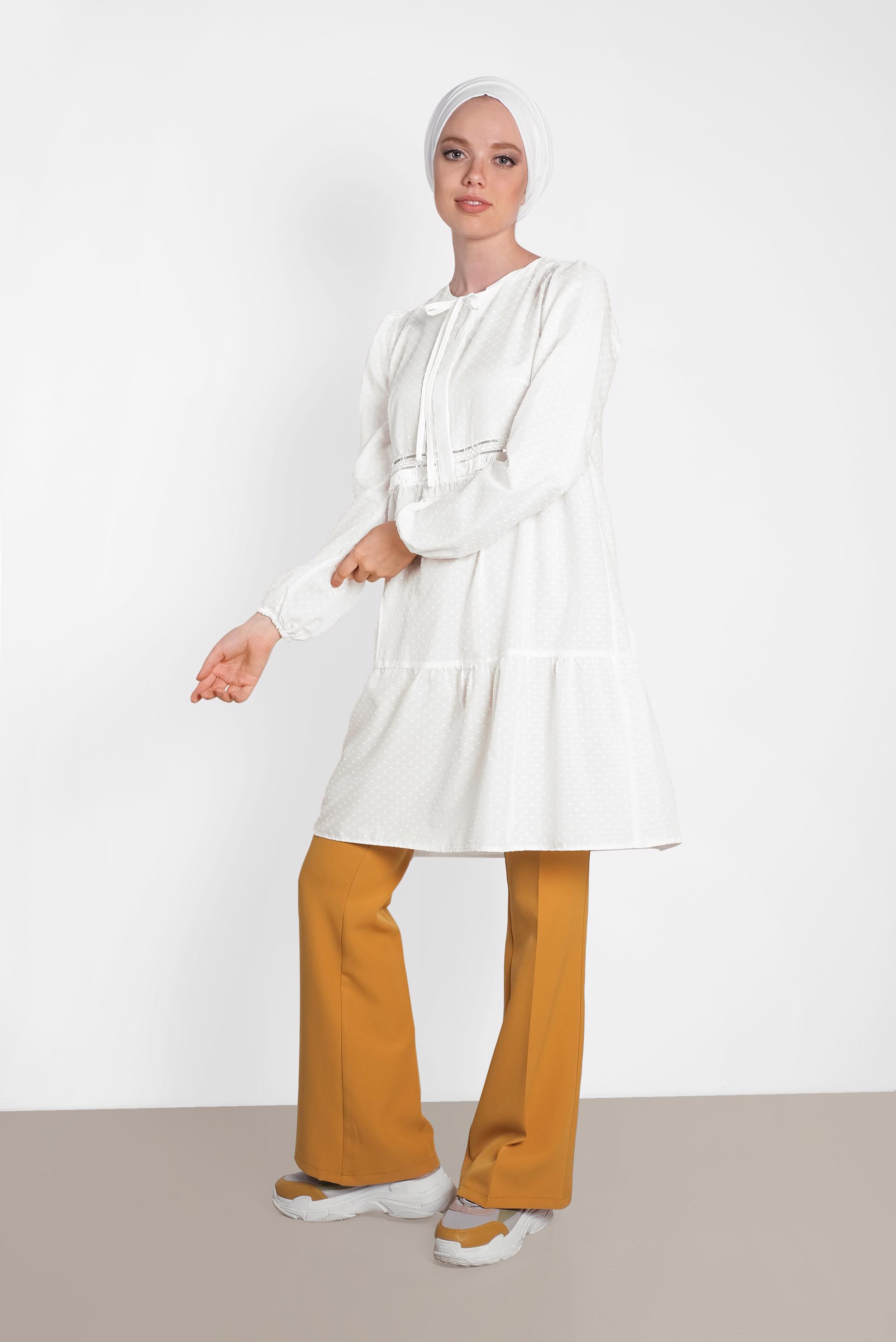 Tesettür giyim BEYAZ KOLLARI LASTİKLİ TUNİK 4470