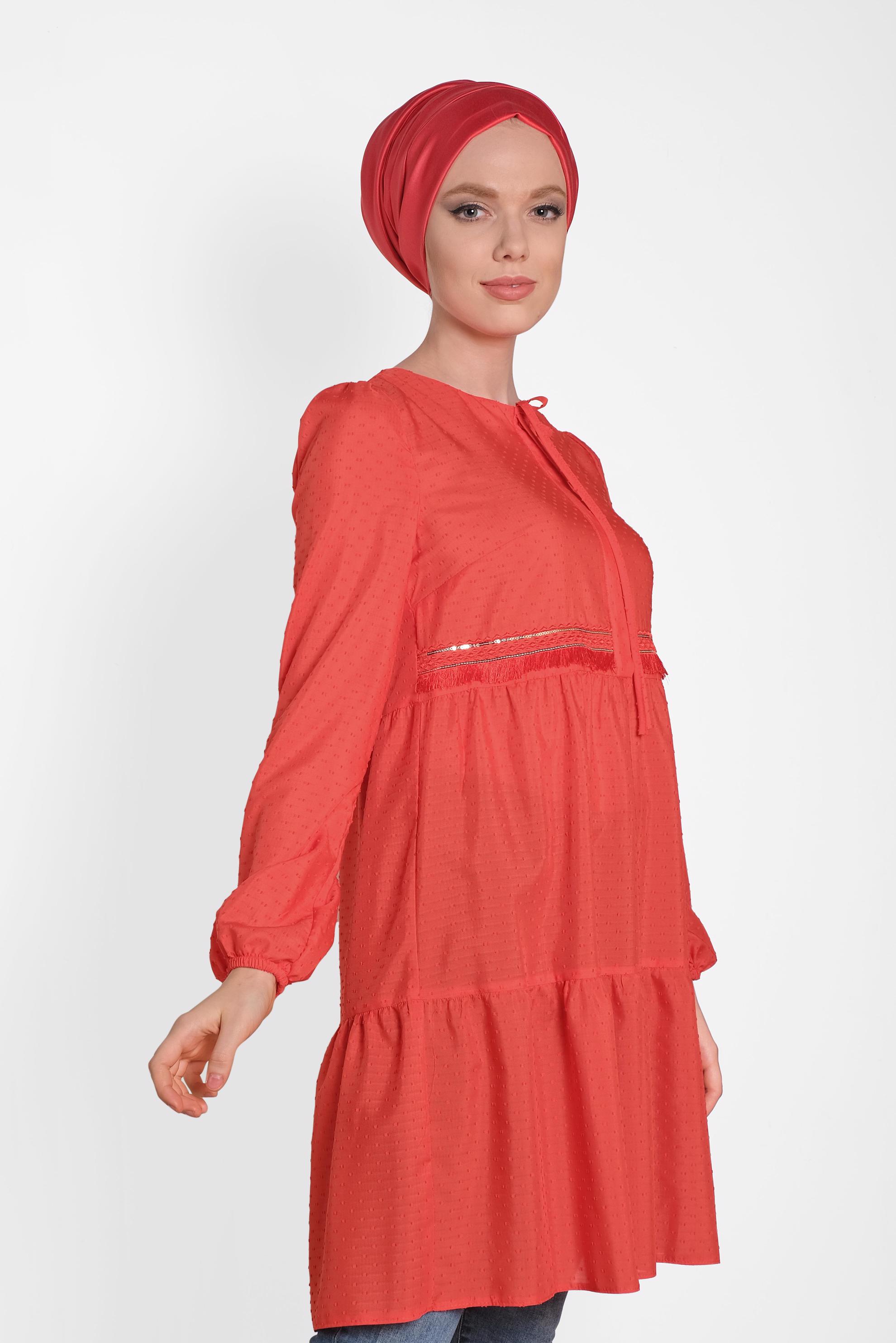 Tesettür giyim KIRMIZI KOLLARI LASTİKLİ TUNİK 4470