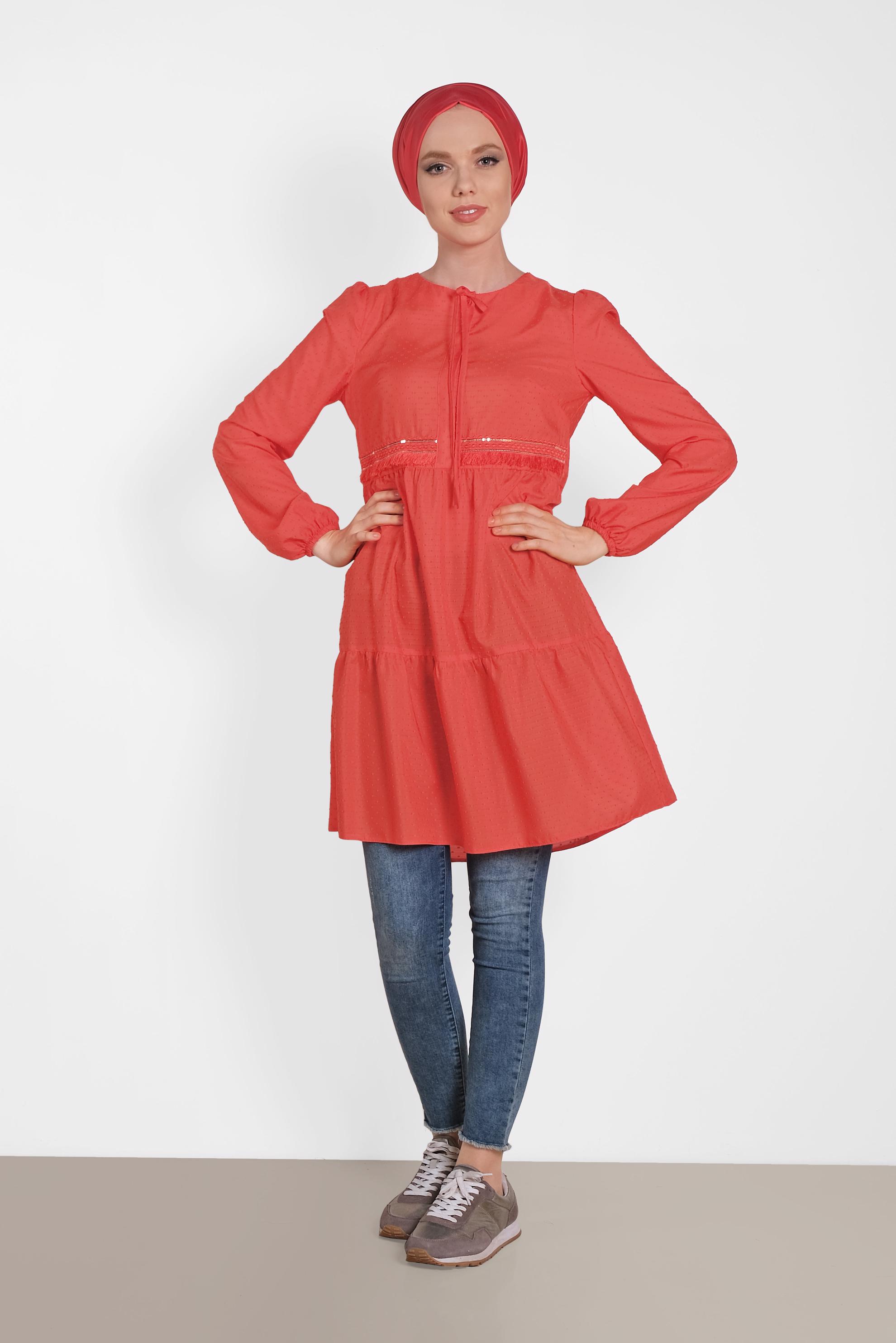 Tesettür giyim KIRMIZI KOLLARI LASTİKLİ TUNİK 4470