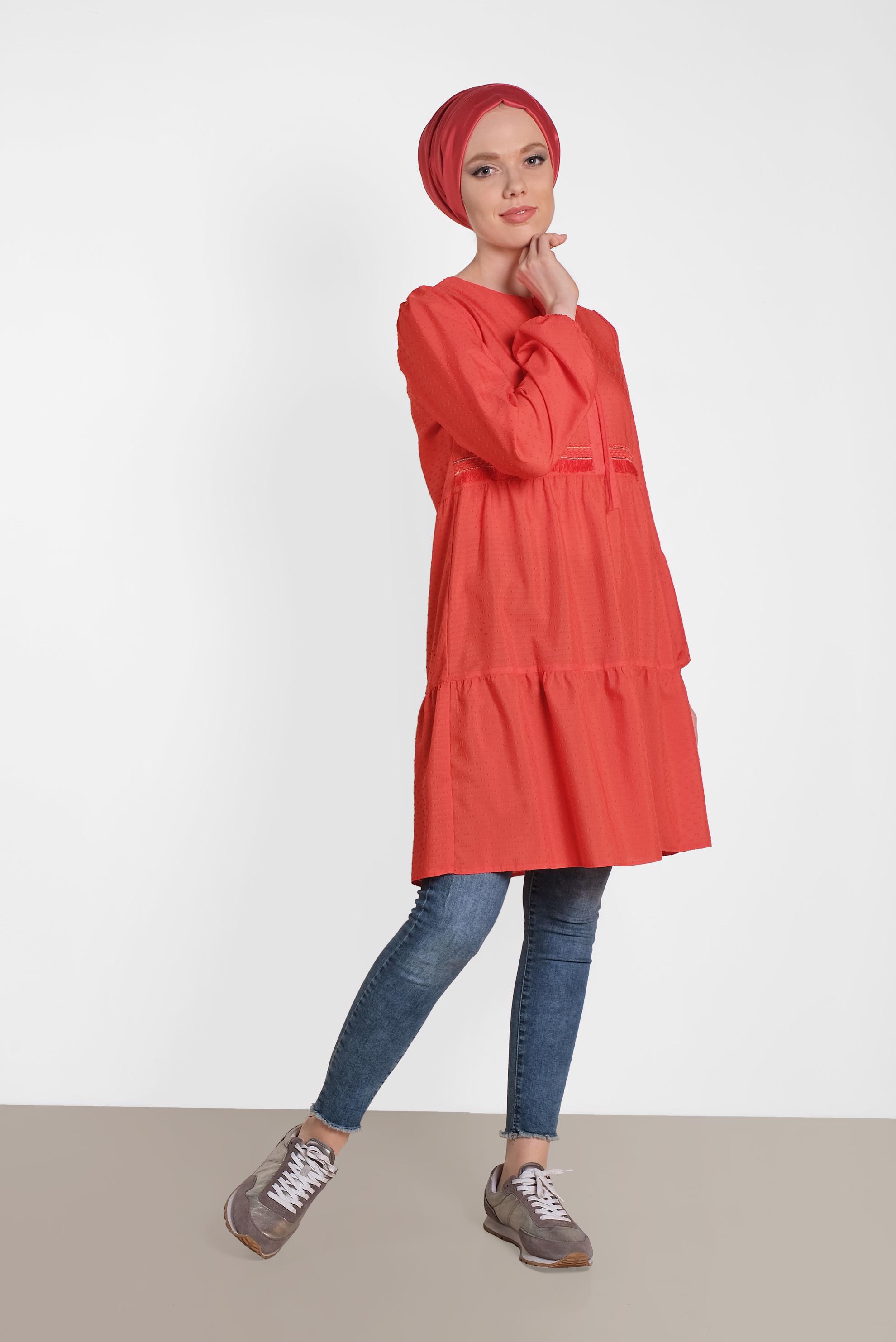 Tesettür giyim KIRMIZI KOLLARI LASTİKLİ TUNİK 4470