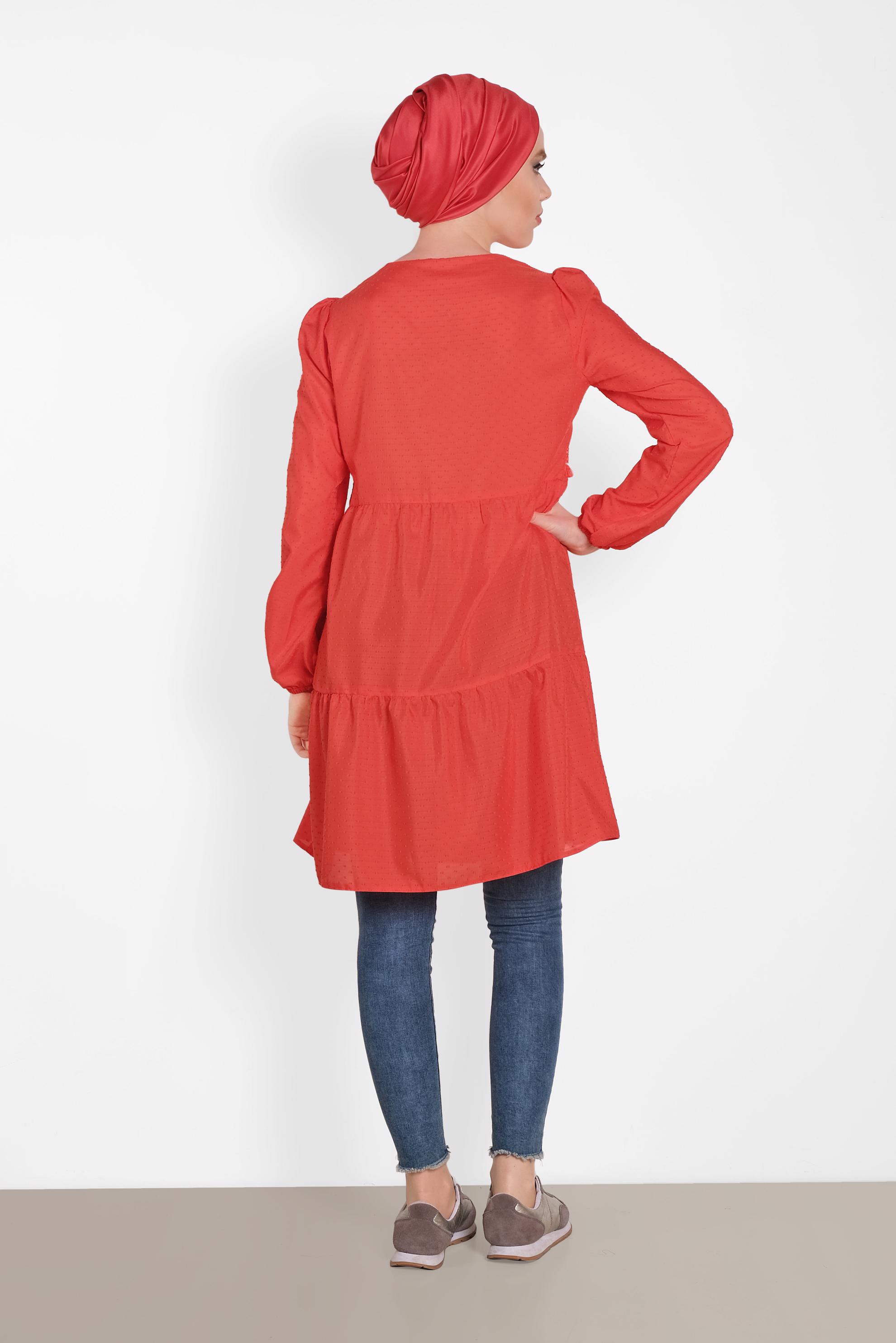 Tesettür giyim KIRMIZI KOLLARI LASTİKLİ TUNİK 4470